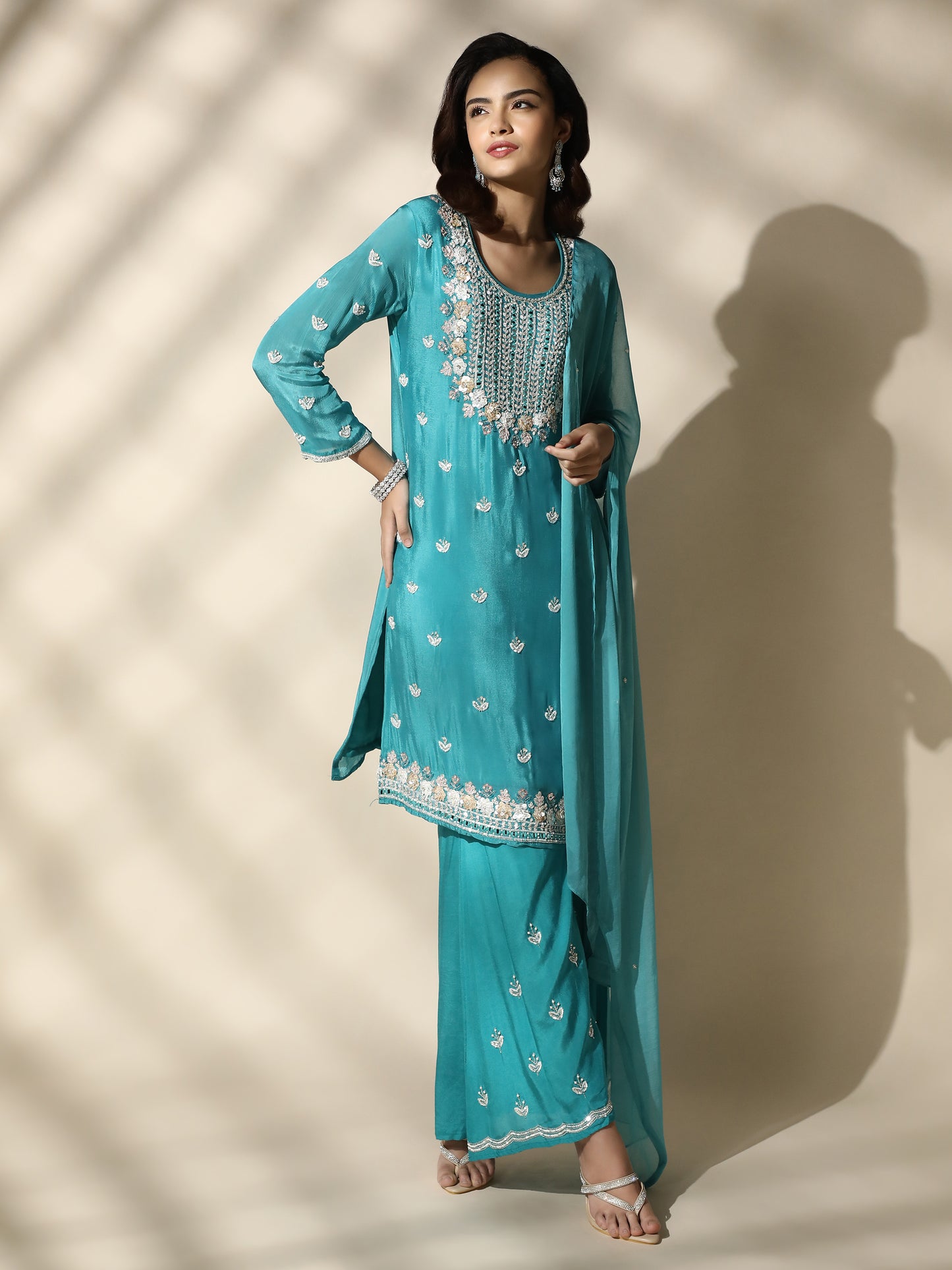 Blue Hand-Embroidered Suit with Palazzo Pant