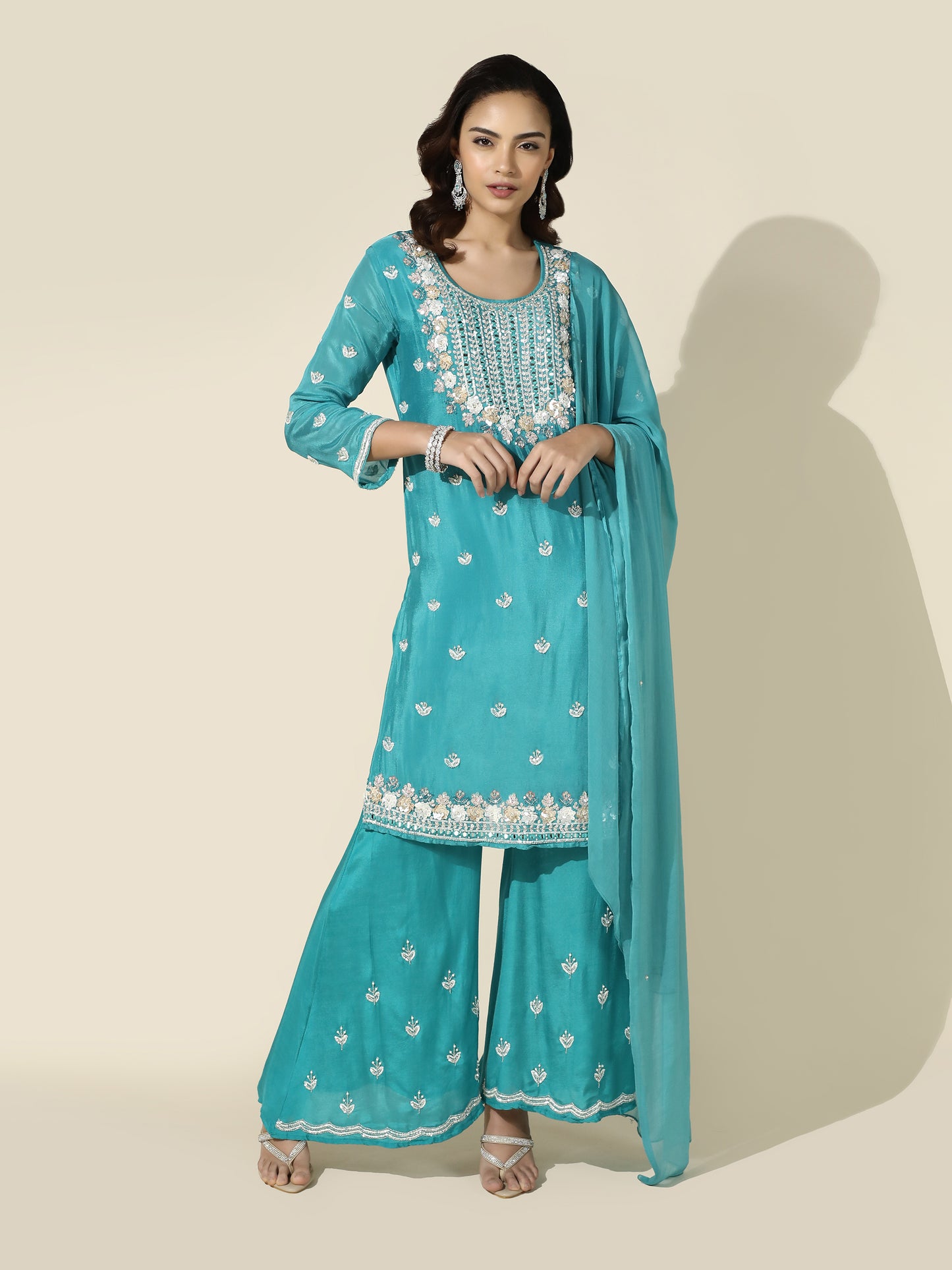 Blue Hand-Embroidered Suit with Palazzo Pant
