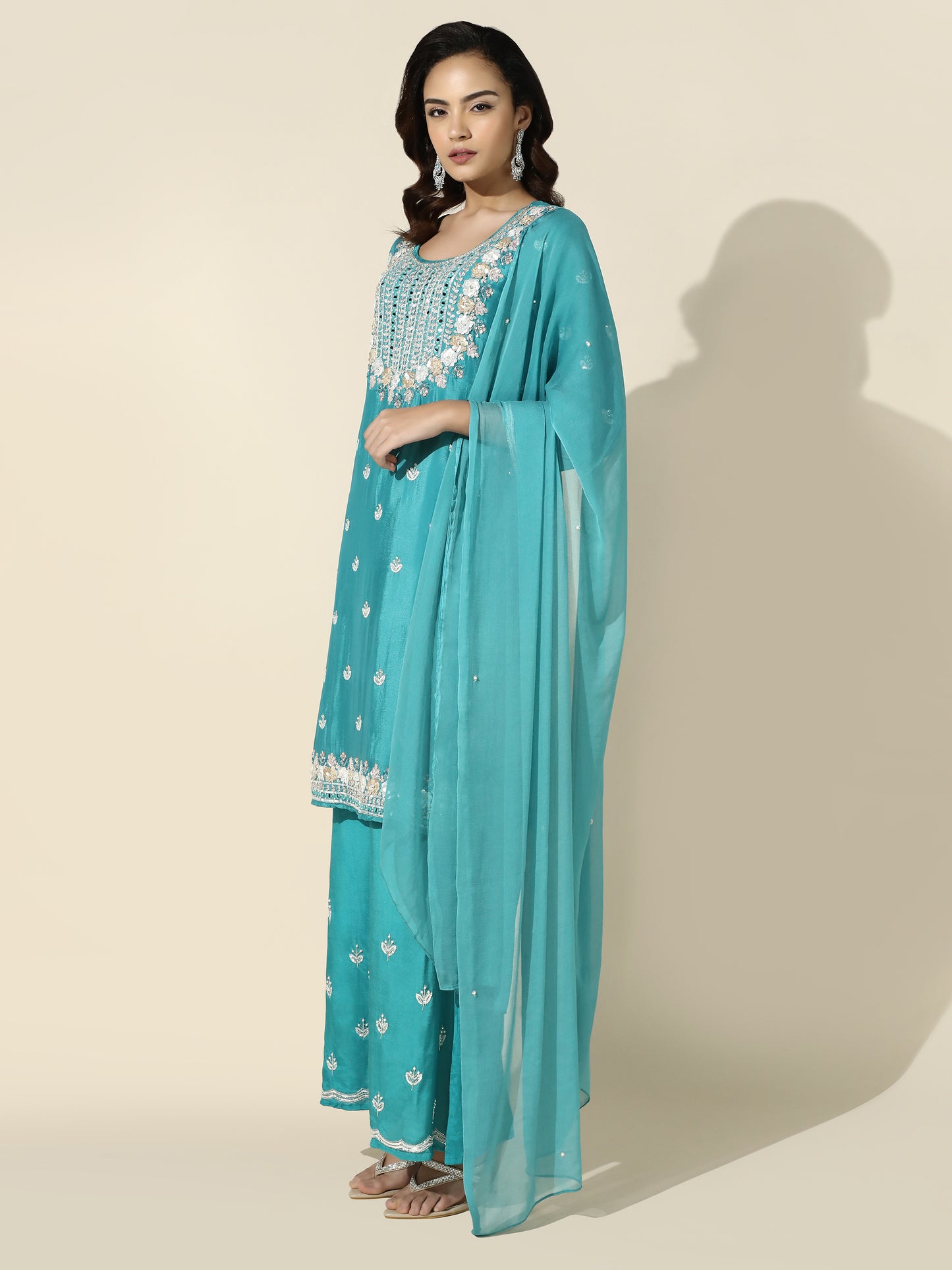Blue Hand-Embroidered Suit with Palazzo Pant