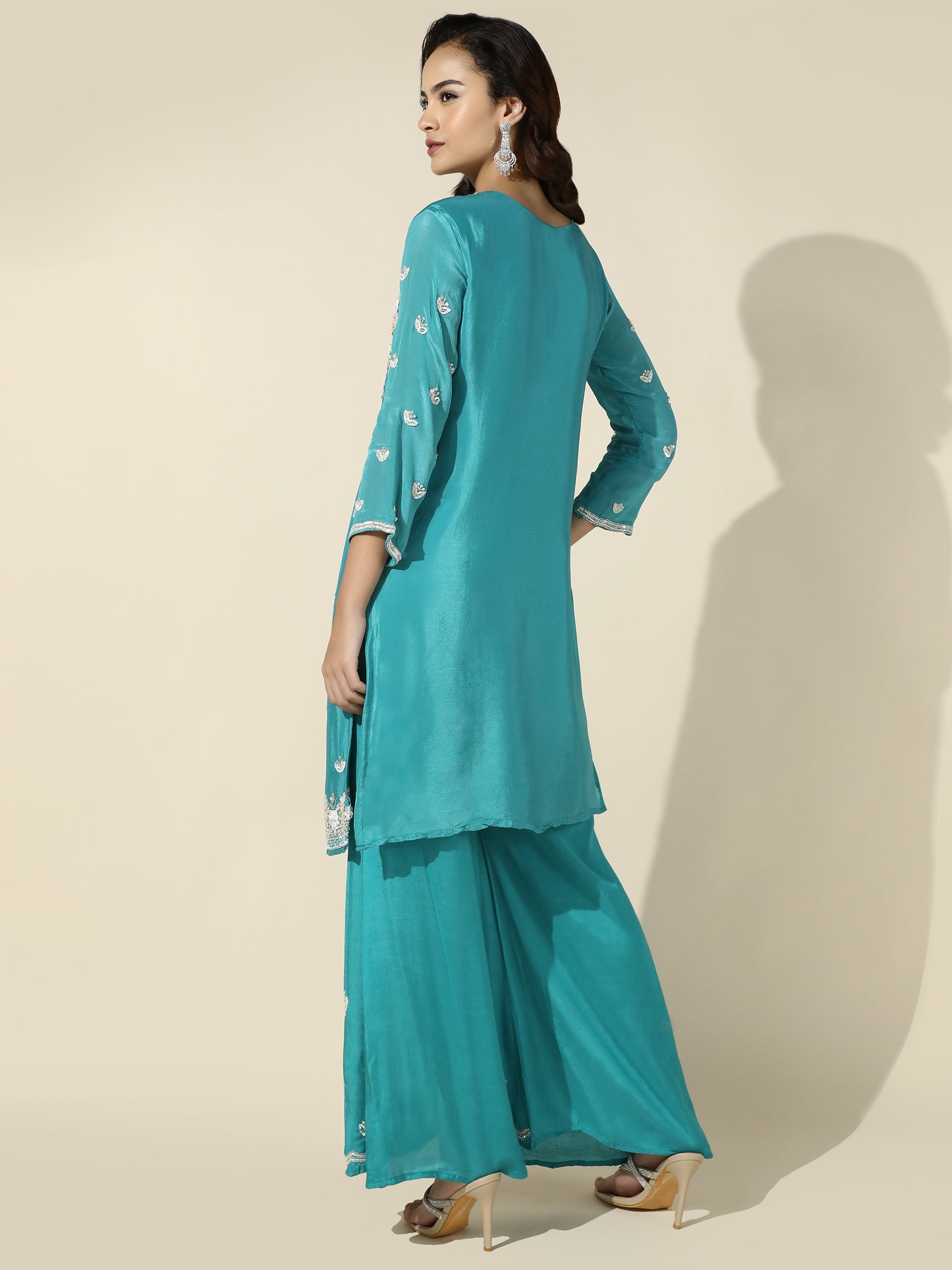 Blue Hand-Embroidered Suit with Palazzo Pant