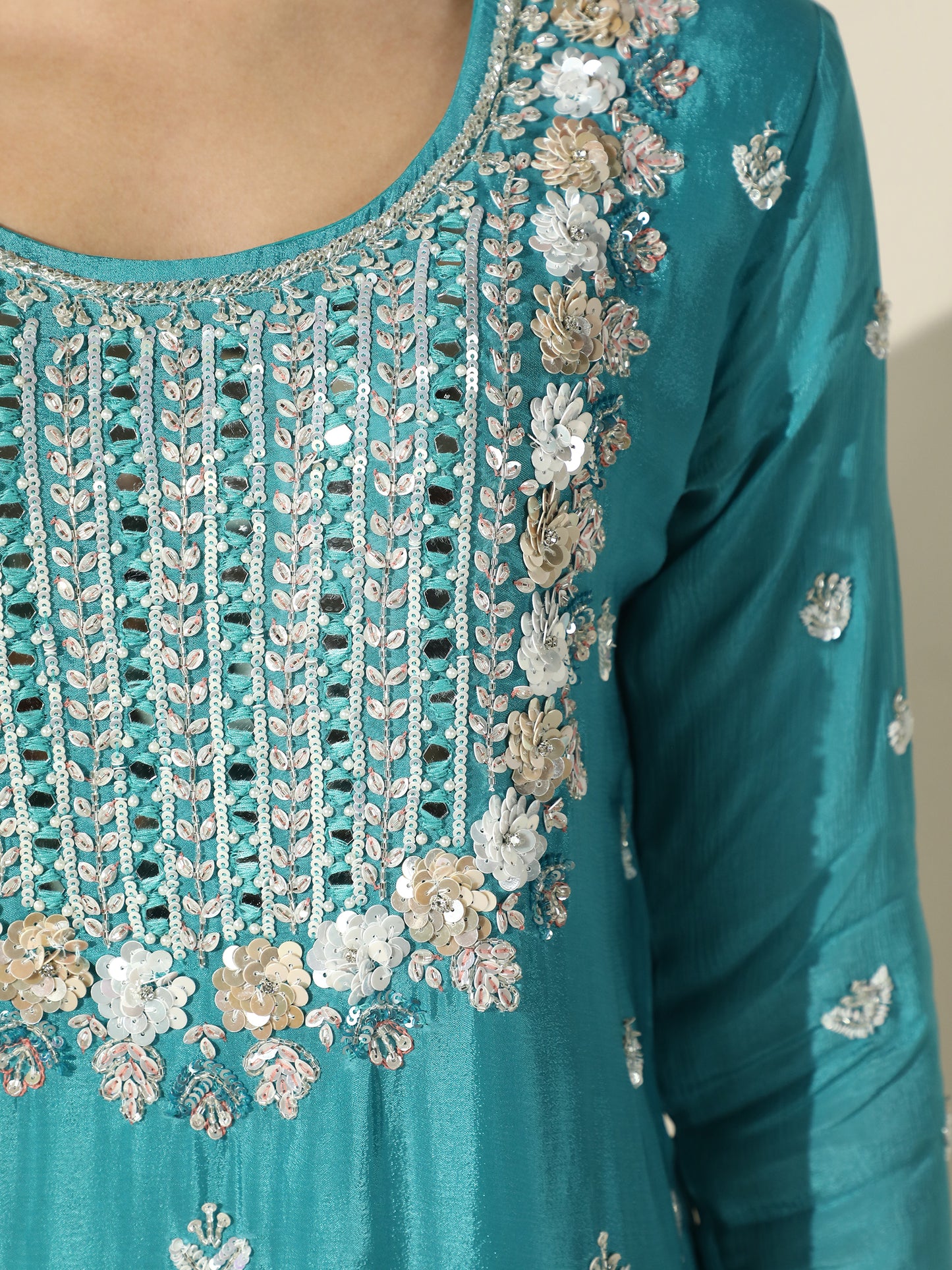 Blue Hand-Embroidered Suit with Palazzo Pant