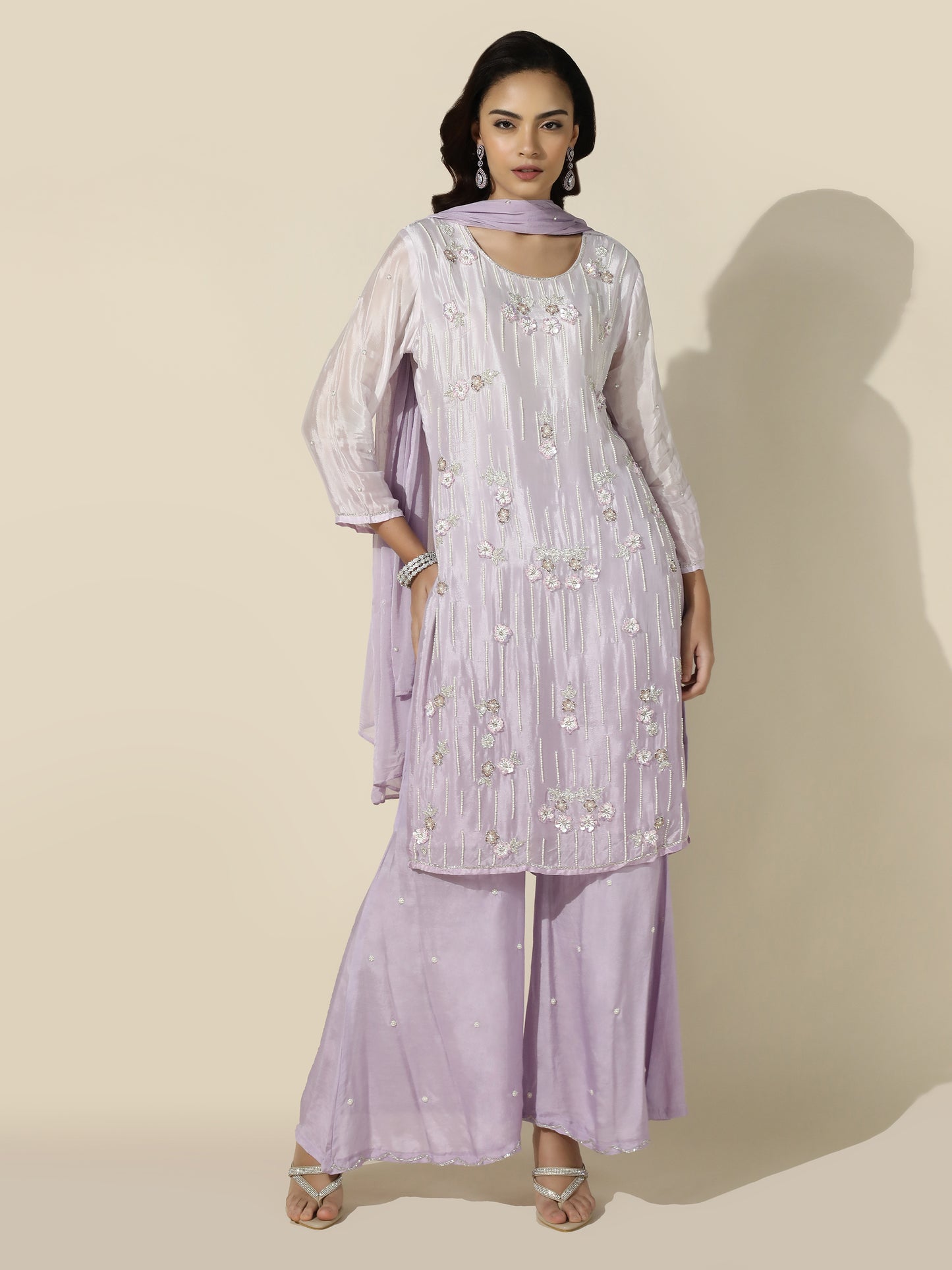 Ombre Suit Set with Flared Pant and Floral Pearl Handwork