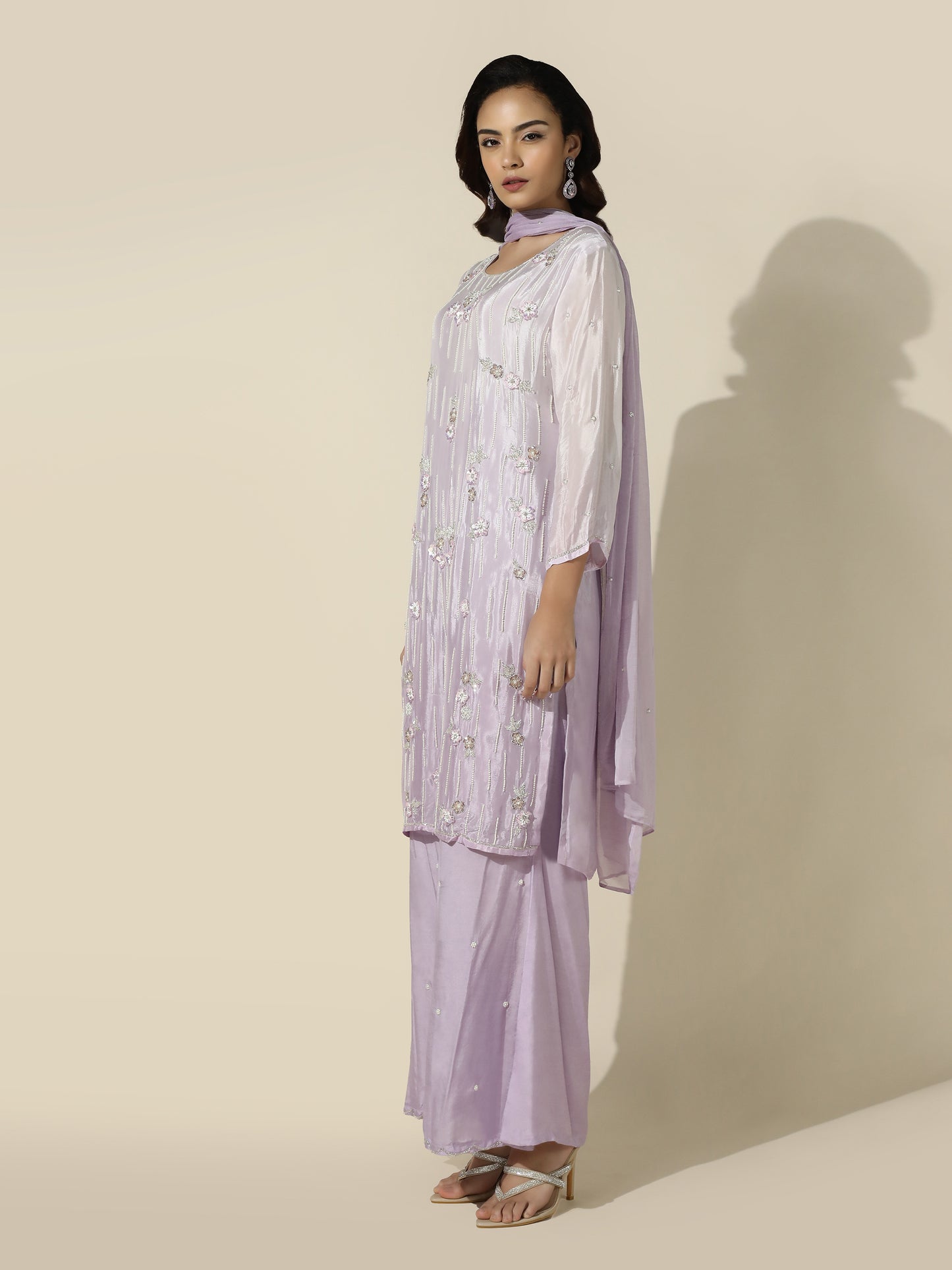 Ombre Suit Set with Flared Pant and Floral Pearl Handwork