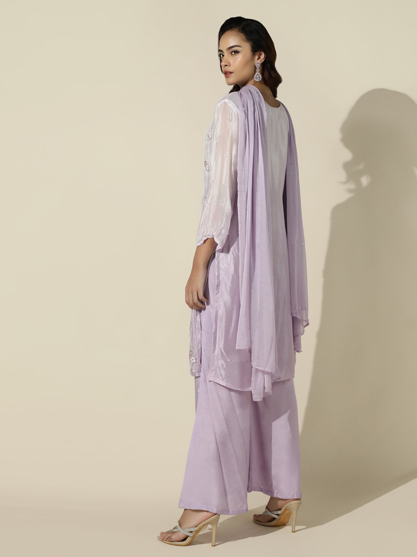 Ombre Suit Set with Flared Pant and Floral Pearl Handwork