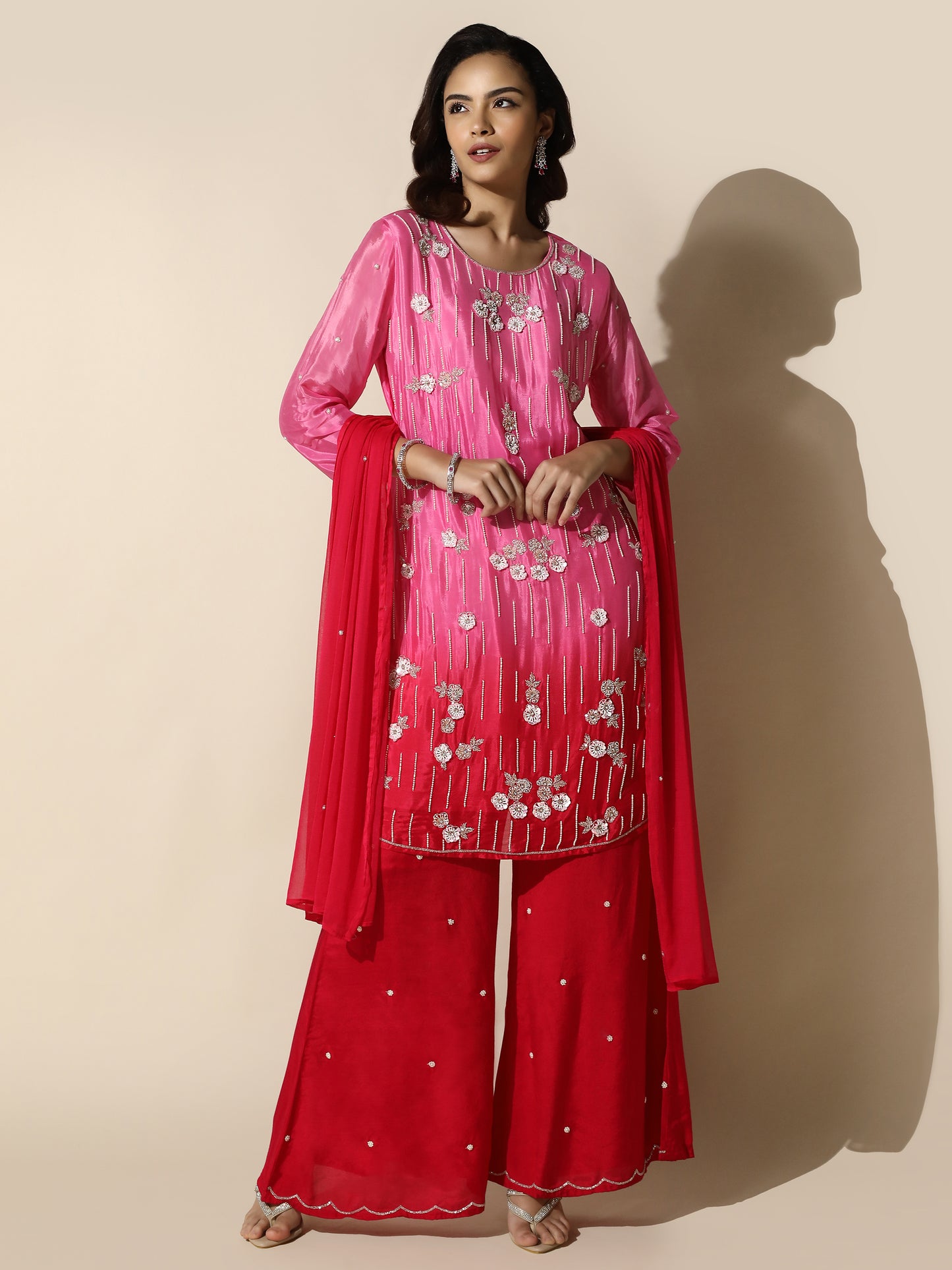 Ombre Suit Set with Flared Pant and Floral Pearl Handwork