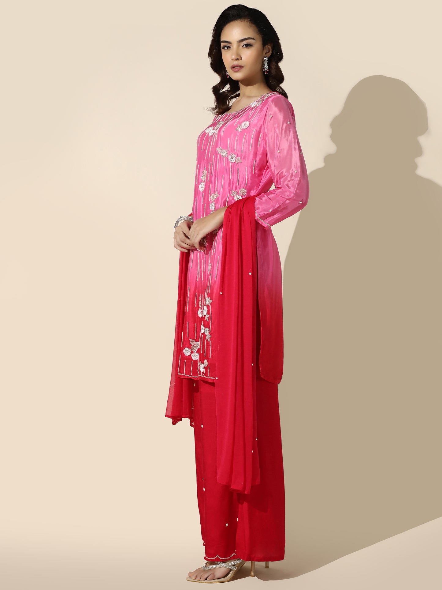 Ombre Suit Set with Flared Pant and Floral Pearl Handwork
