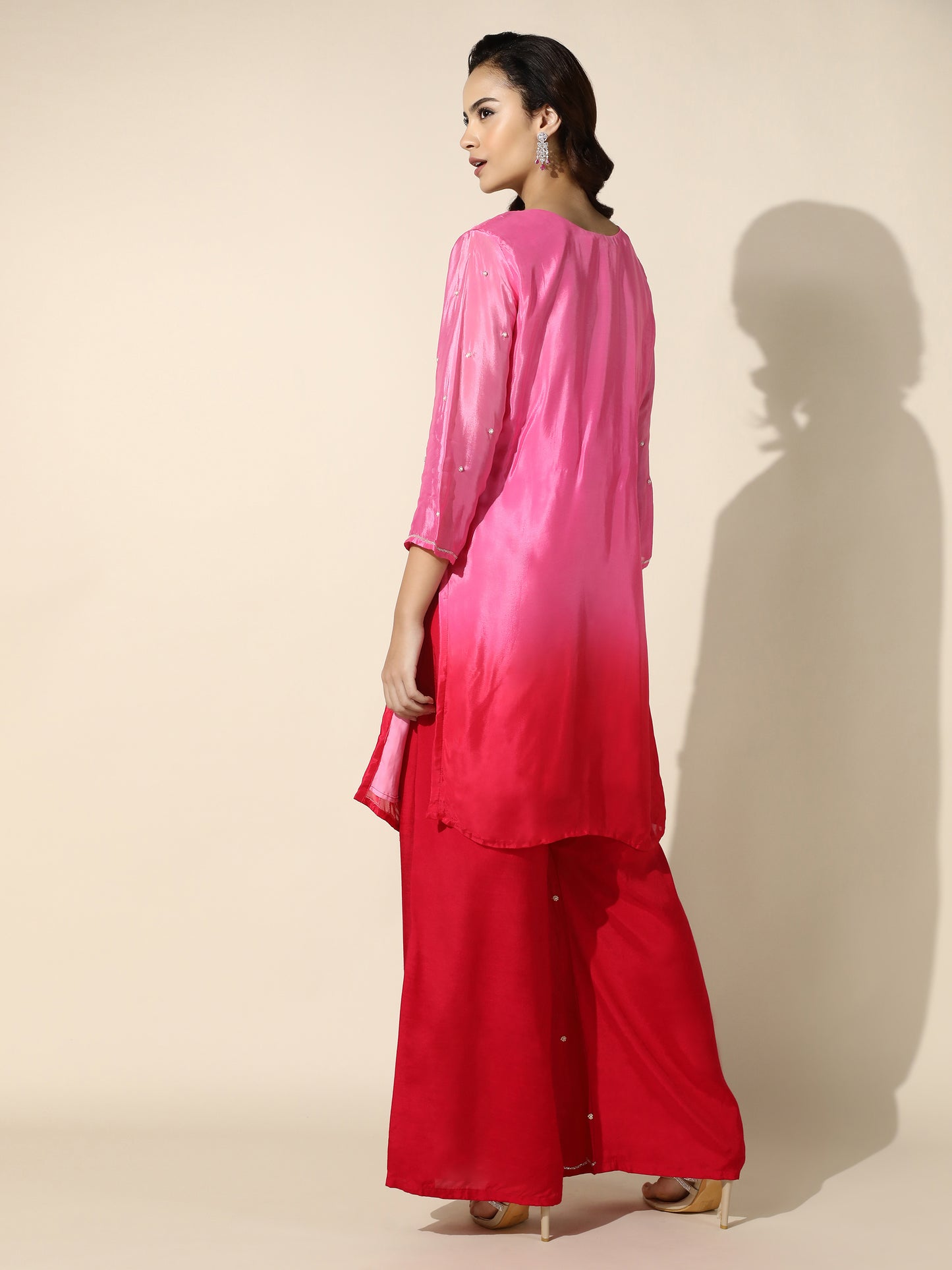 Ombre Suit Set with Flared Pant and Floral Pearl Handwork