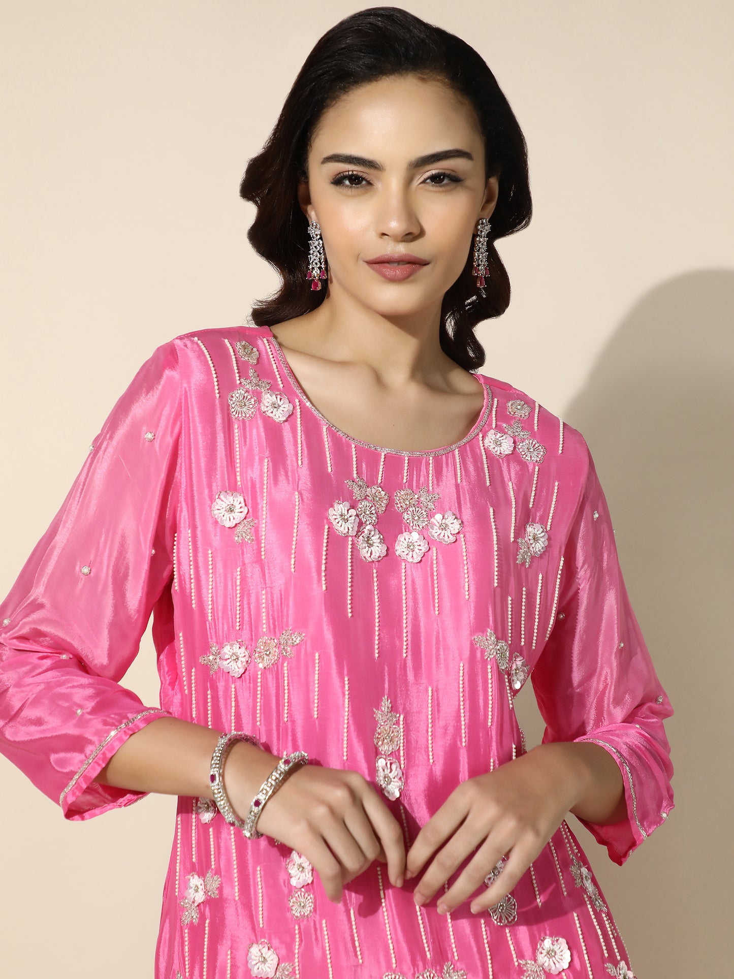 Ombre Suit Set with Flared Pant and Floral Pearl Handwork