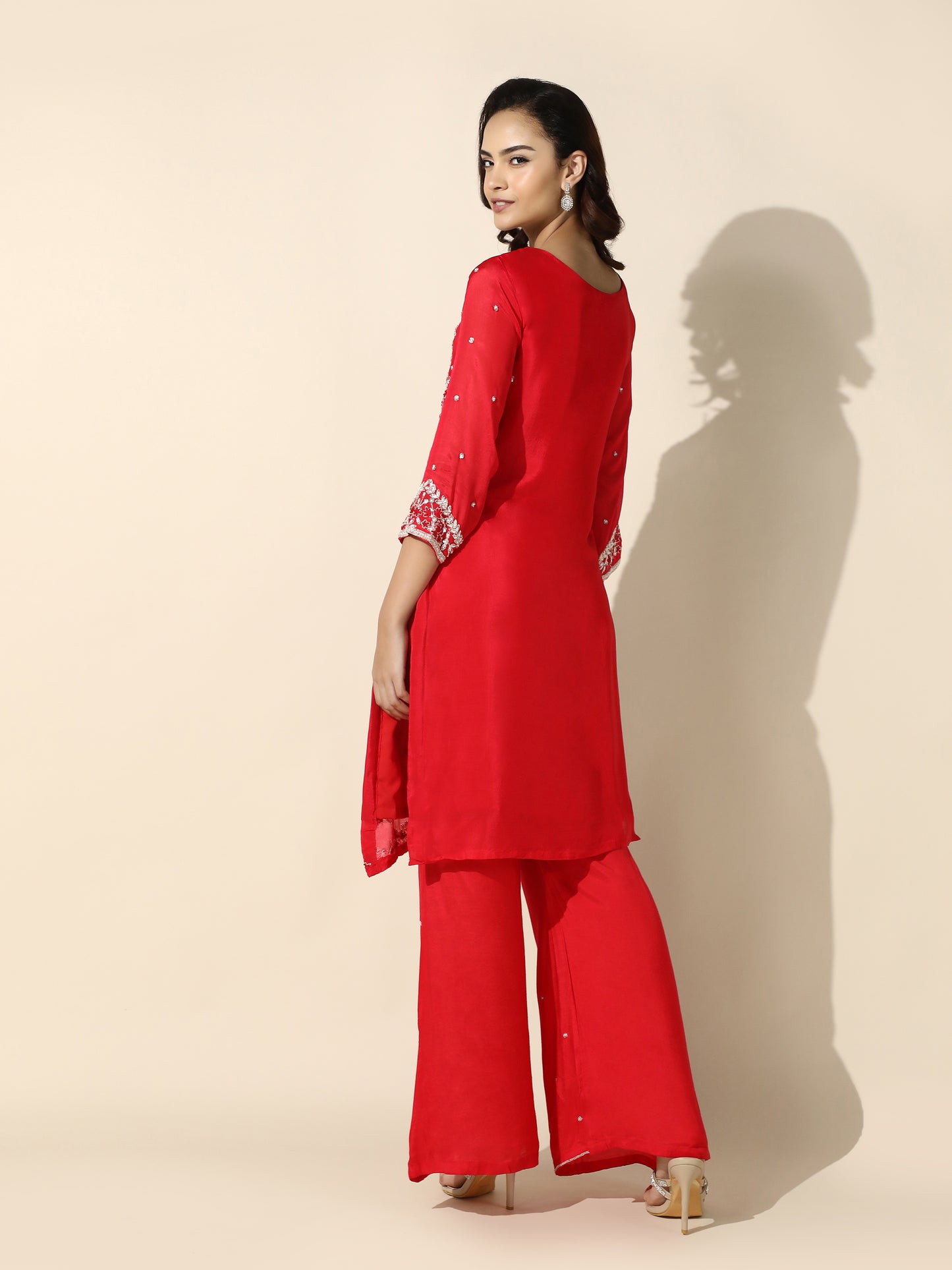 Red Indo-Western Long Jacket Style Suit Set with Palazzo Pant