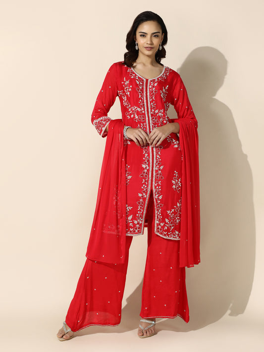 Red Indo-Western Long Jacket Style Suit Set with Palazzo Pant