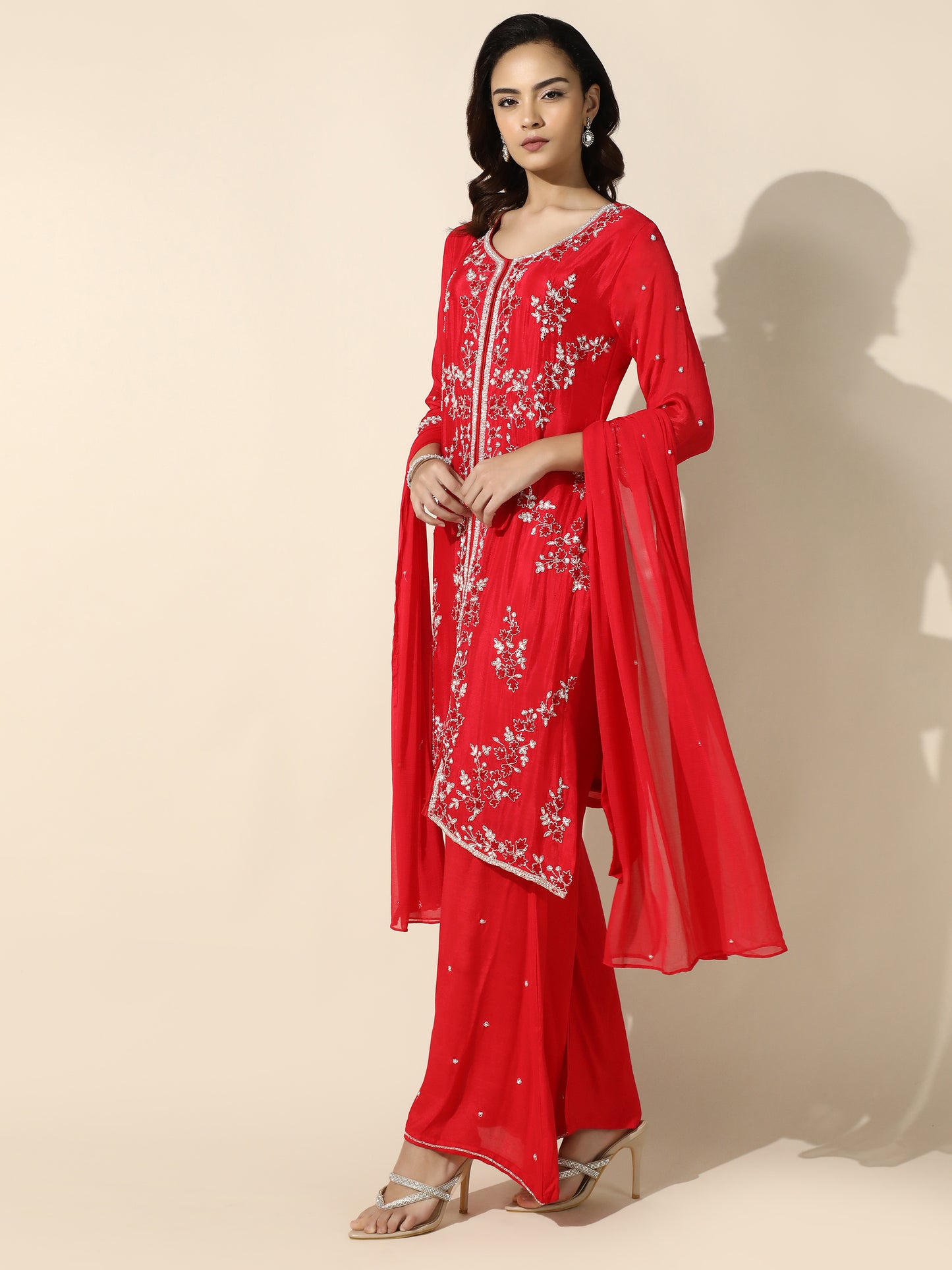 Red Indo-Western Long Jacket Style Suit Set with Palazzo Pant