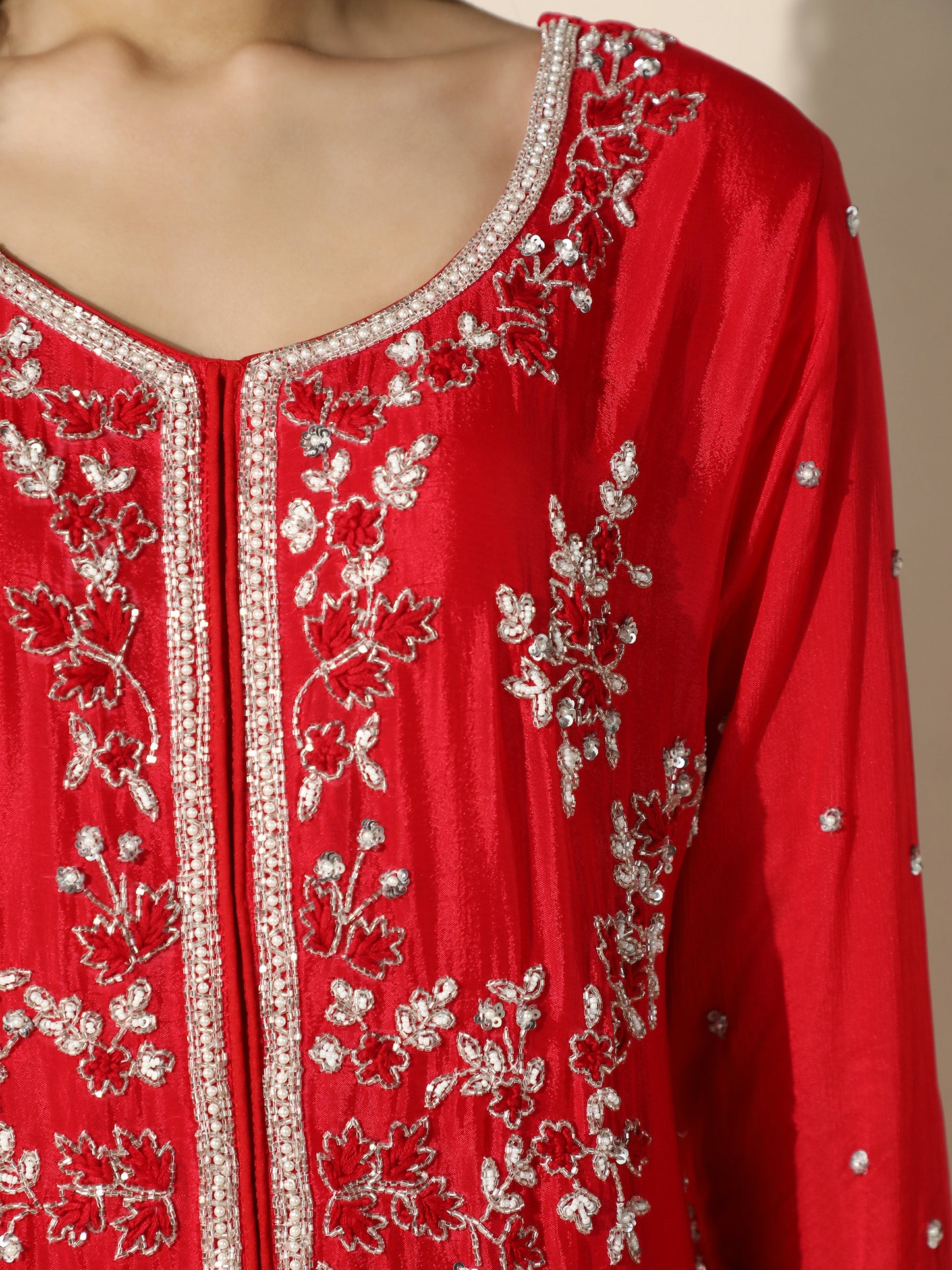 Red Indo-Western Long Jacket Style Suit Set with Palazzo Pant