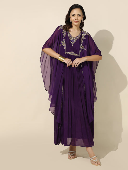 Purple Kaftan Set With Straight Bottom and Slip