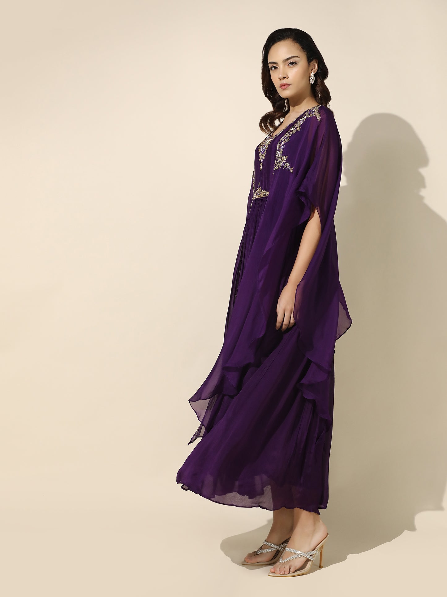 Purple Kaftan Set With Straight Bottom and Slip