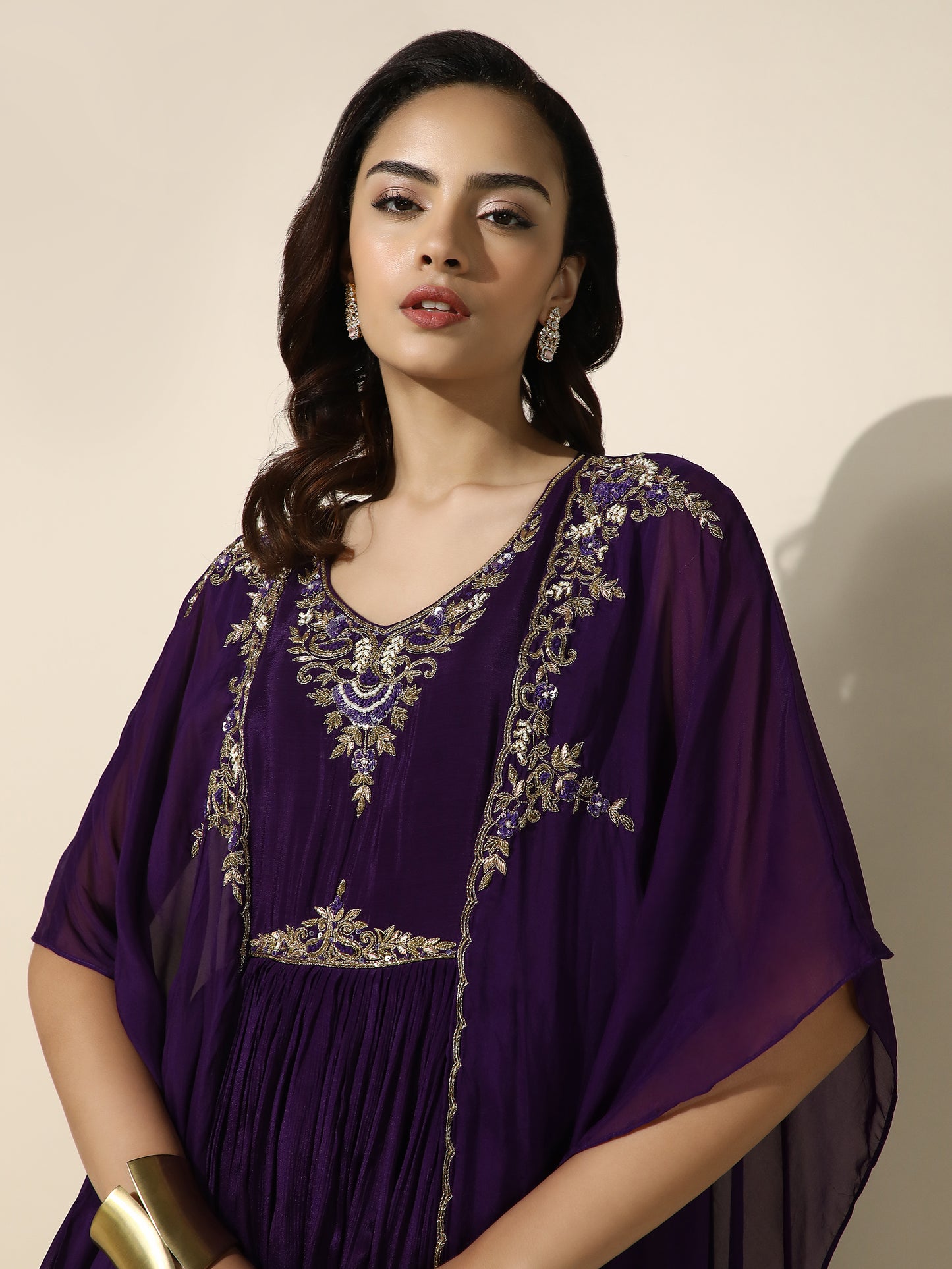 Purple Kaftan Set With Straight Bottom and Slip