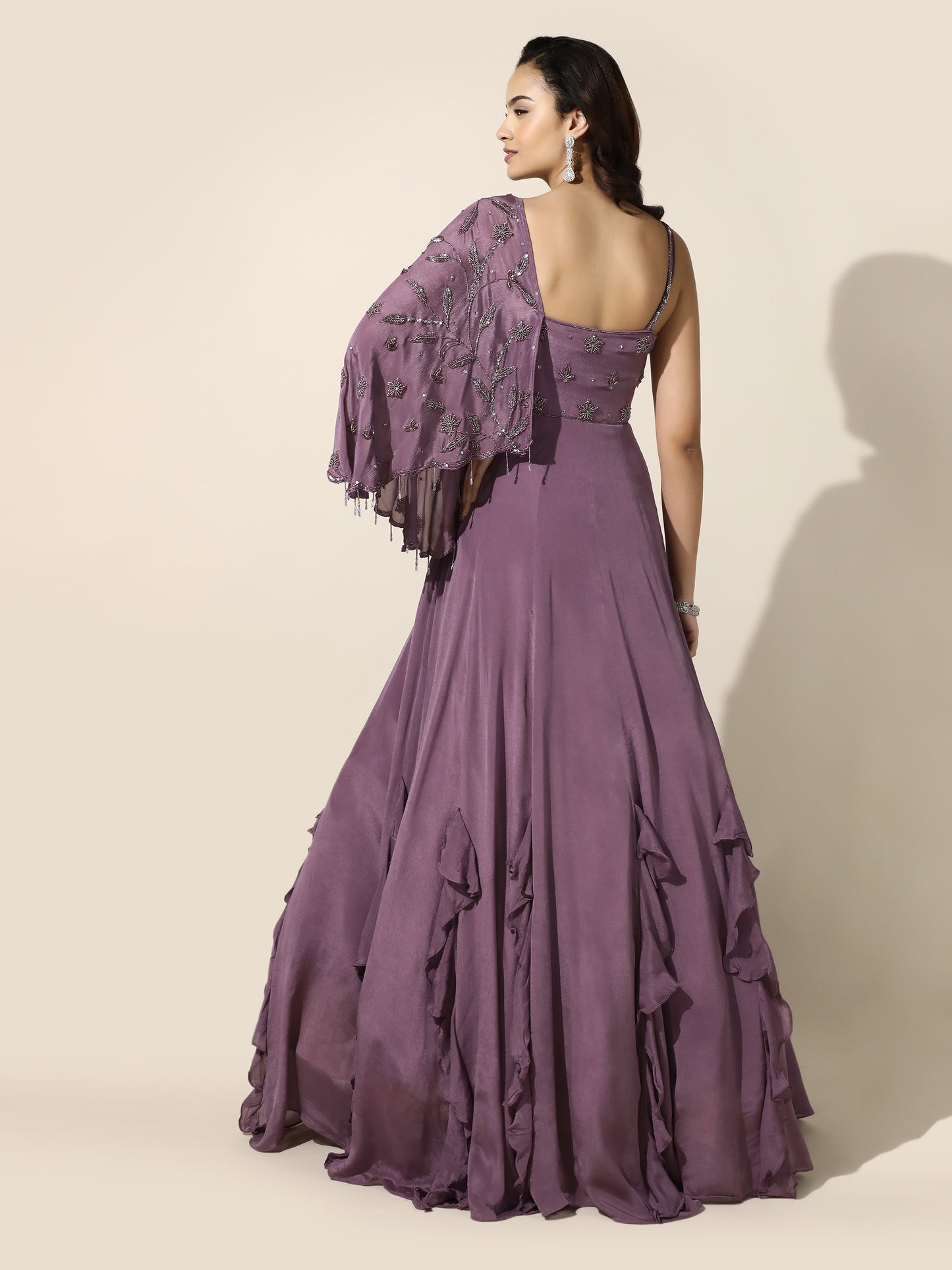 Purple Gown with Attached Cape And Frill Skirt