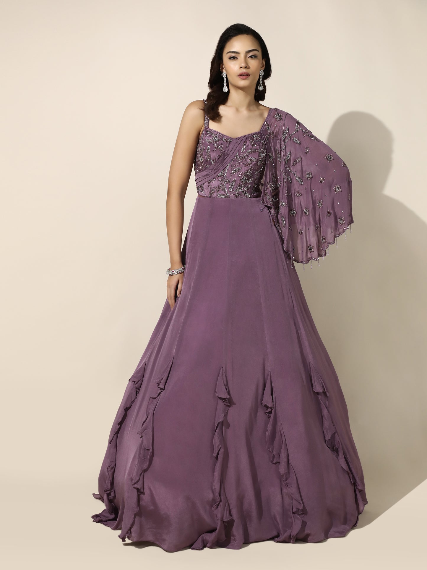 Purple Gown with Attached Cape And Frill Skirt