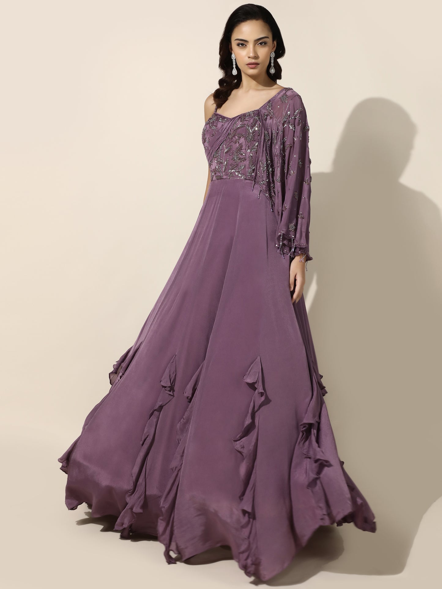 Purple Gown with Attached Cape And Frill Skirt