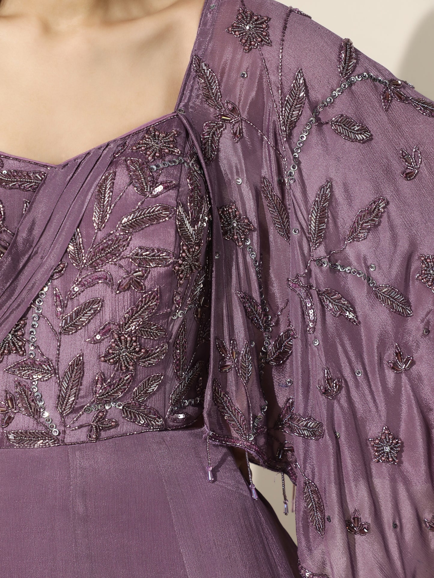 Purple Gown with Attached Cape And Frill Skirt