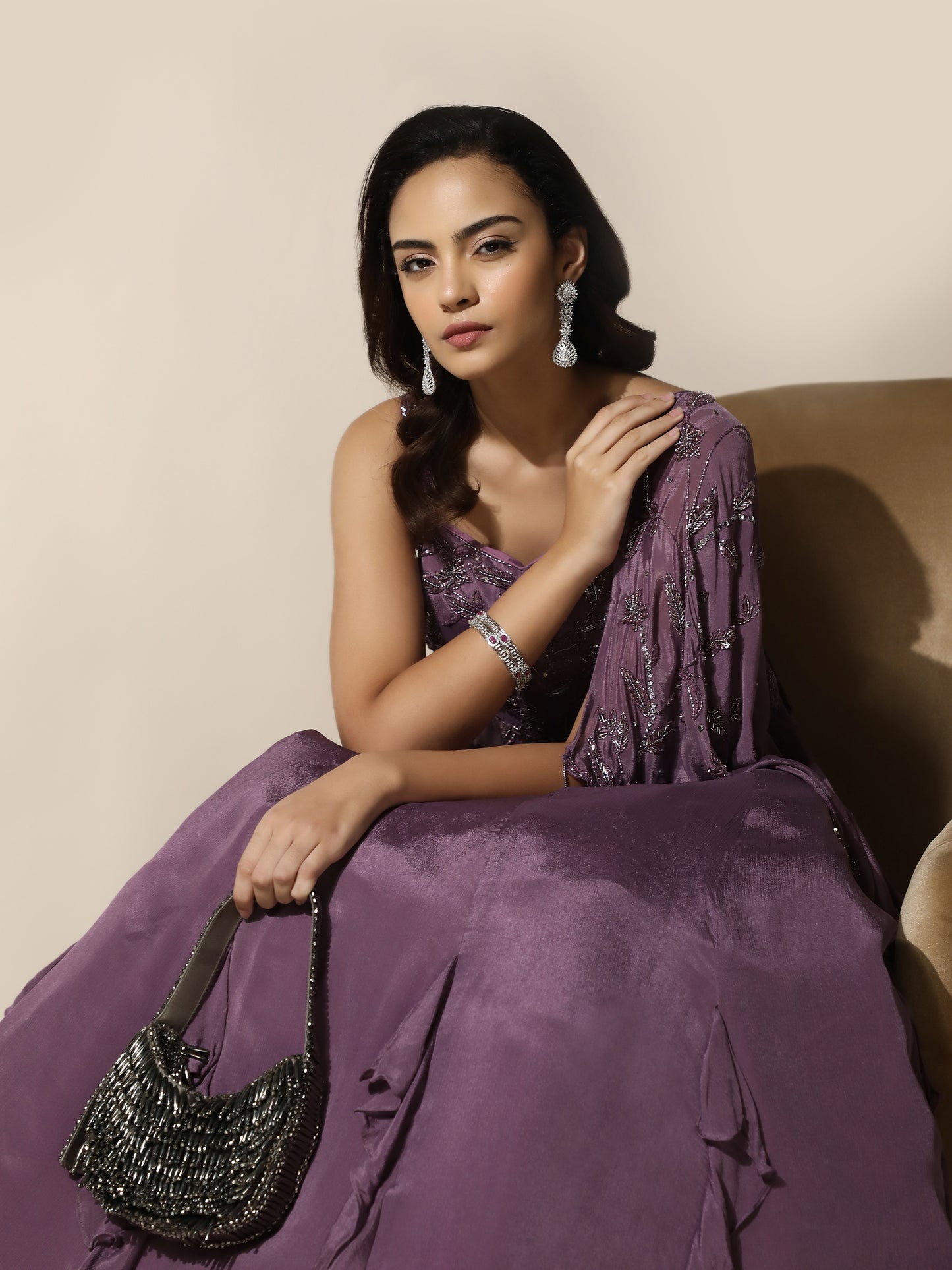 Purple Gown with Attached Cape And Frill Skirt