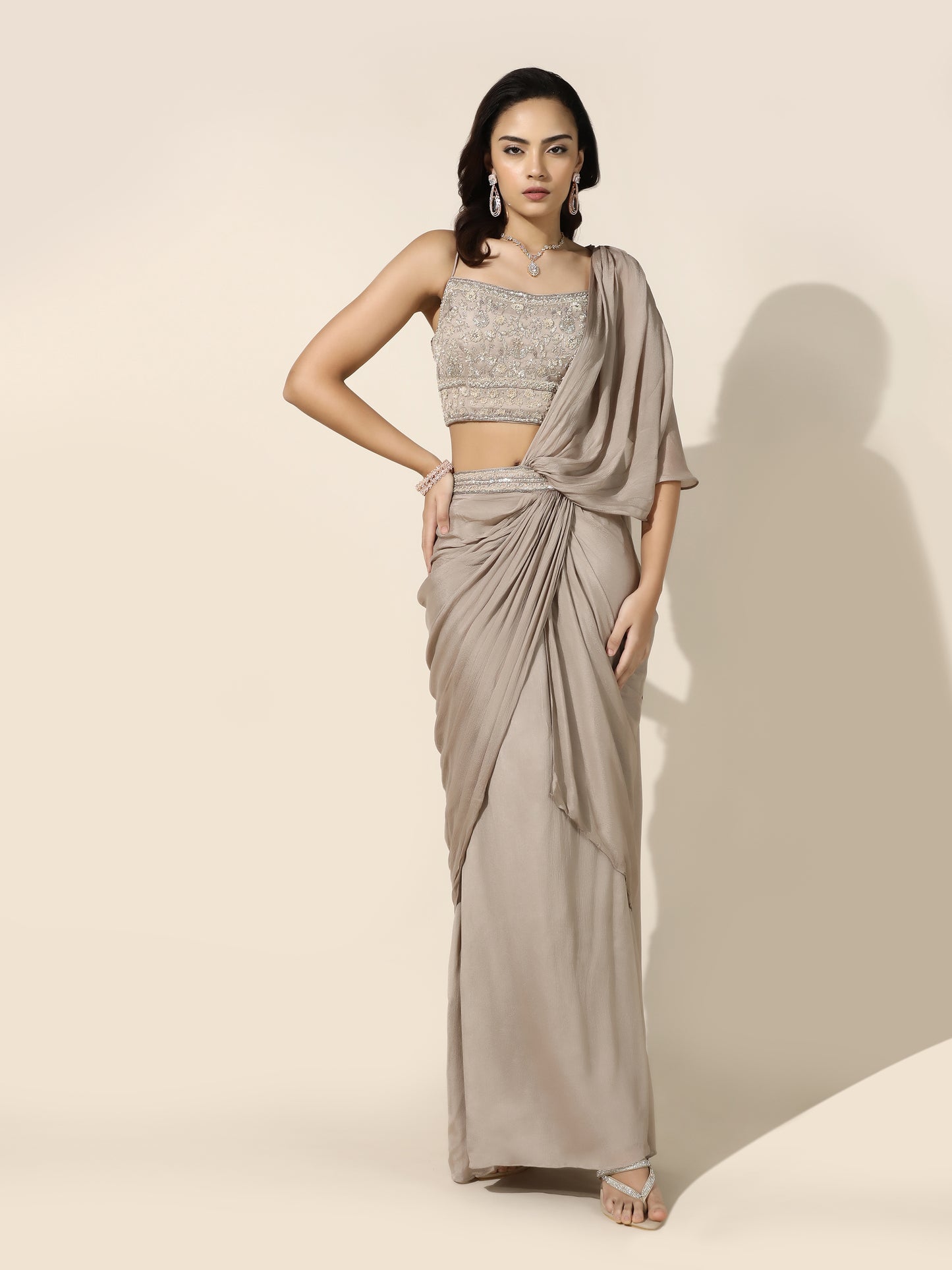 Beige Chiffon Saree with Floral Embroidery - PreDraped