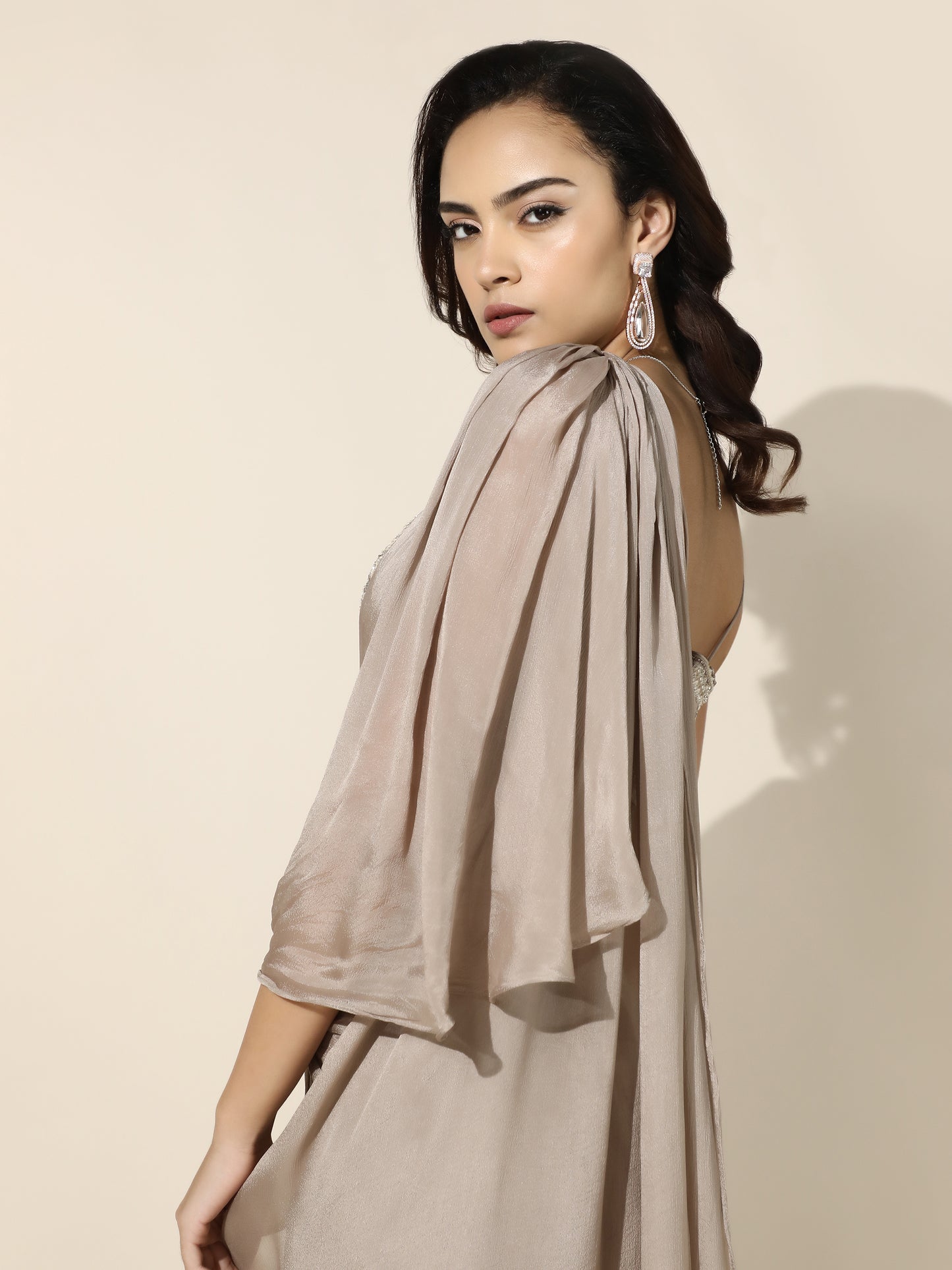 Beige Chiffon Saree with Floral Embroidery - PreDraped