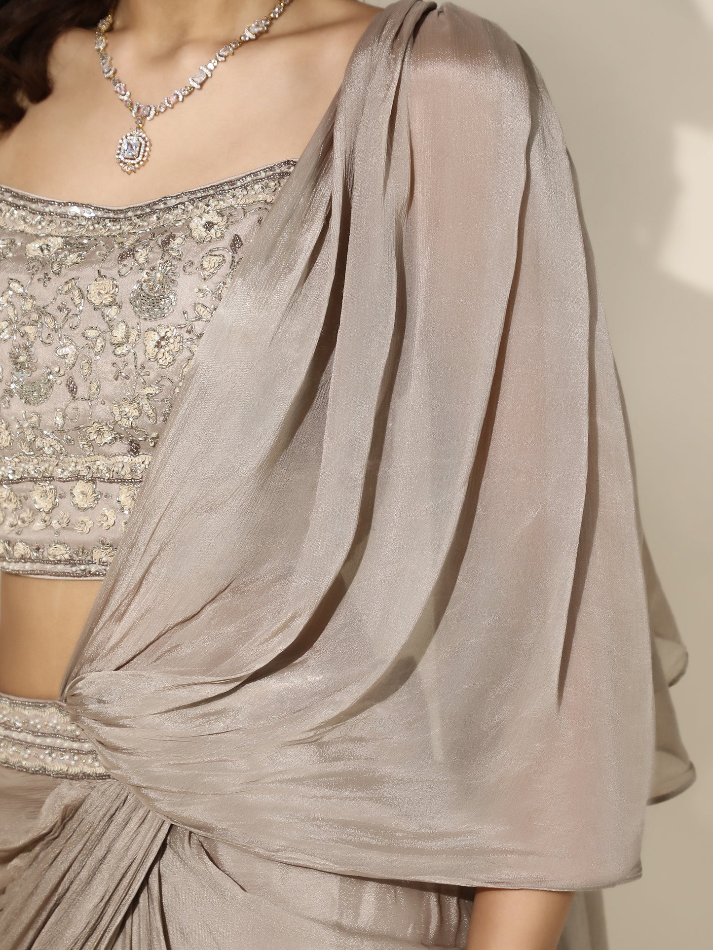 Beige Chiffon Saree with Floral Embroidery - PreDraped