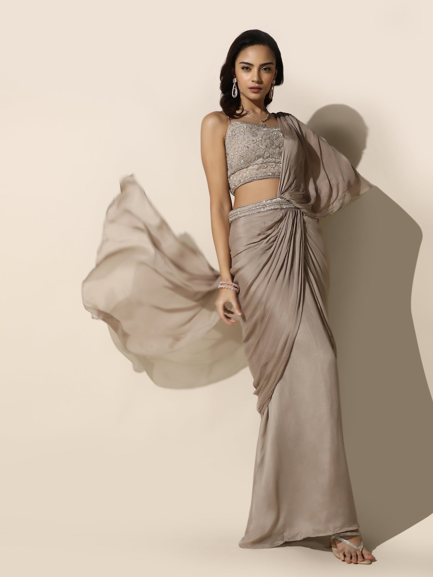 Beige Chiffon Saree with Floral Embroidery - PreDraped