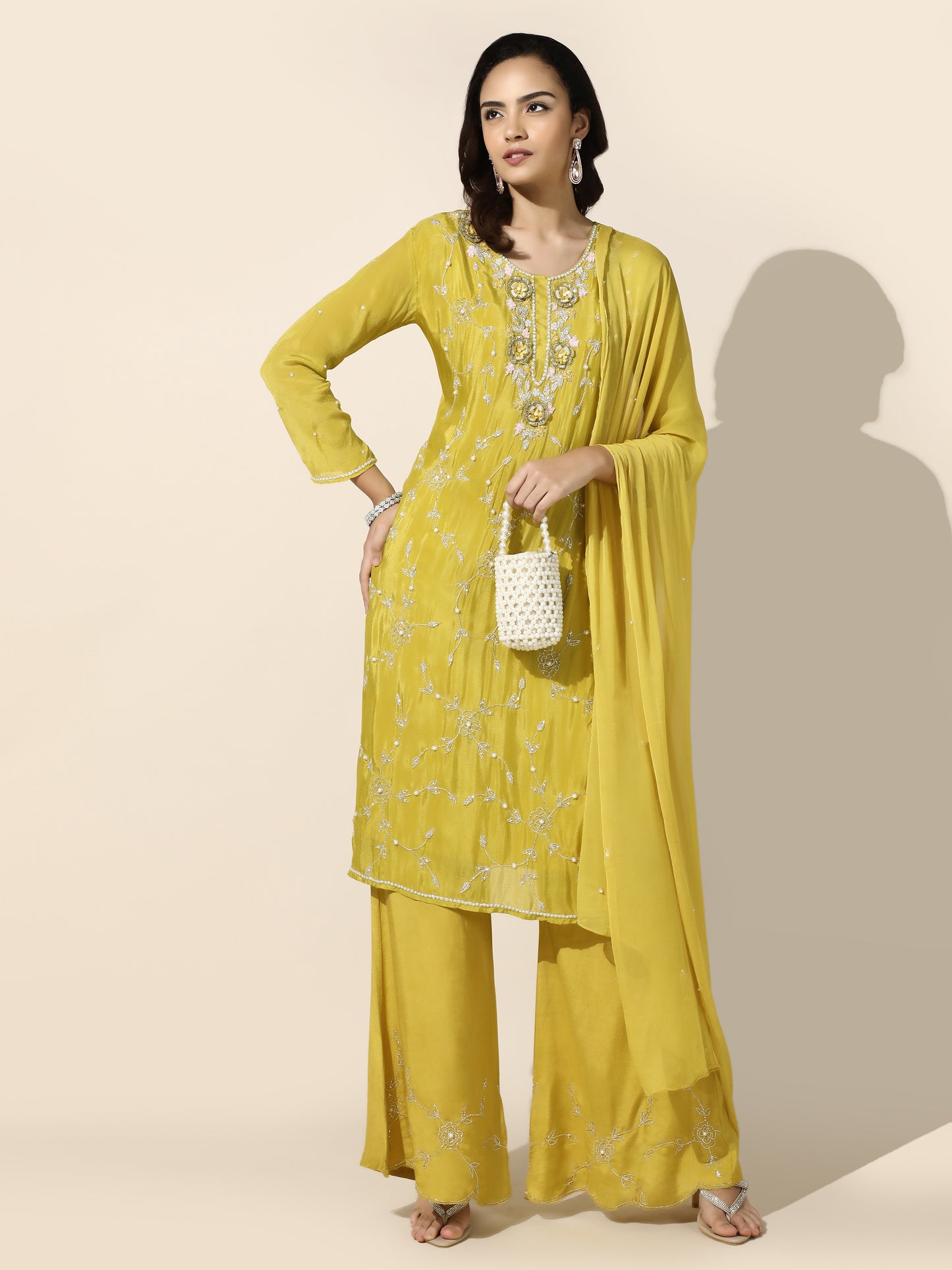 Yellow Floral Suit Set with Palazzo Pant