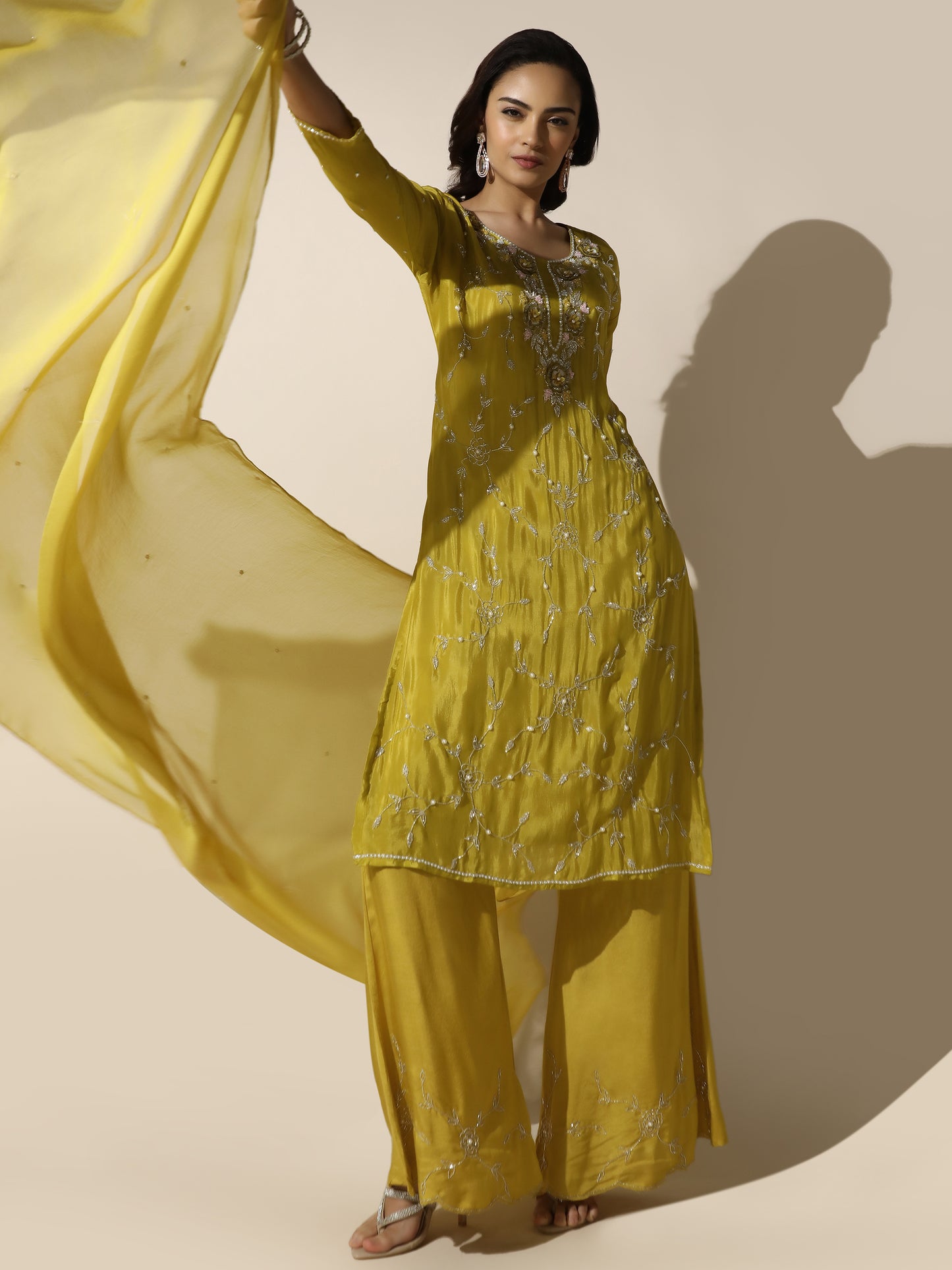 Yellow Floral Suit Set with Palazzo Pant