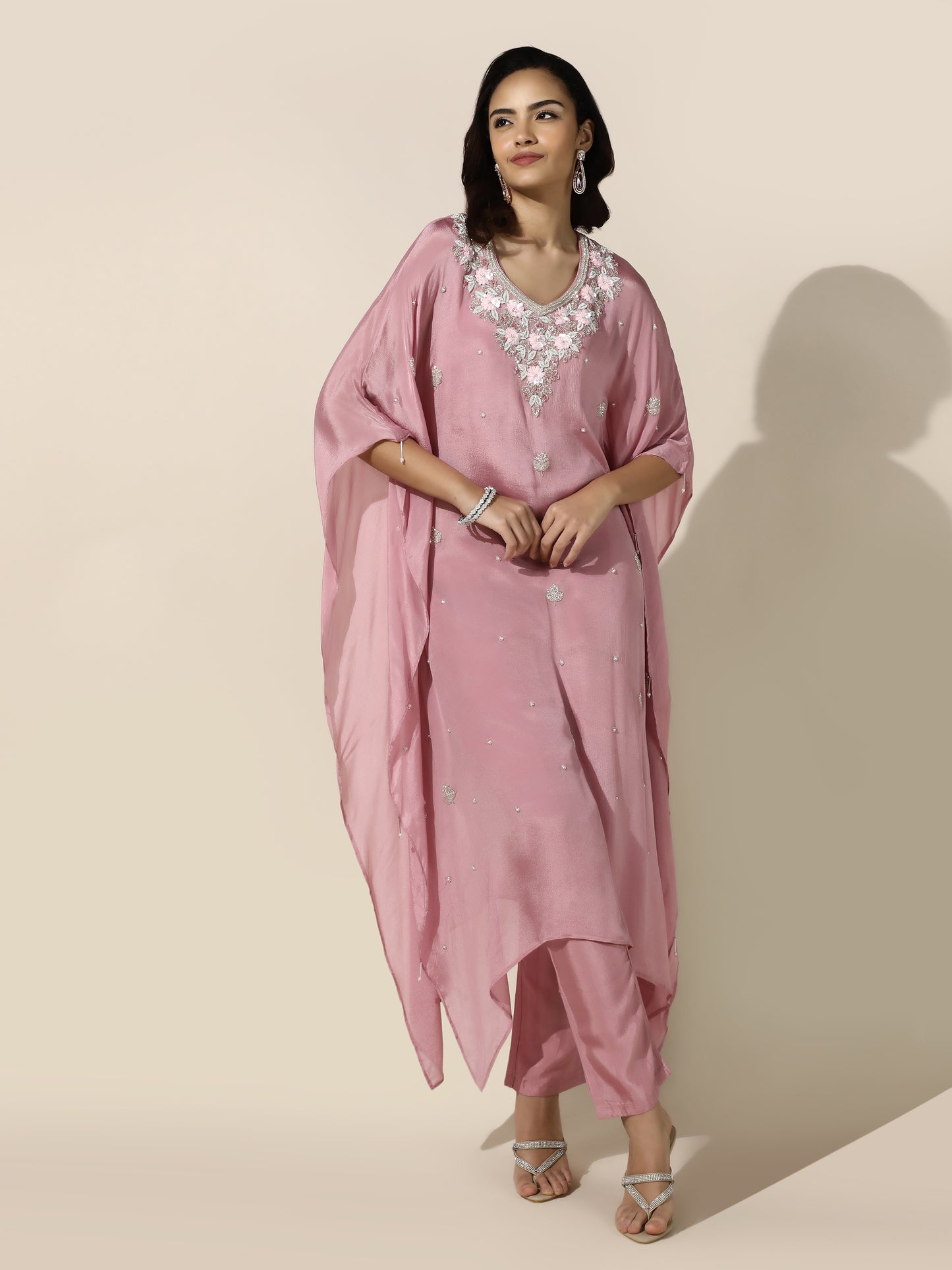 Rose Pink Floral Kaftan Set with Straight Bottom