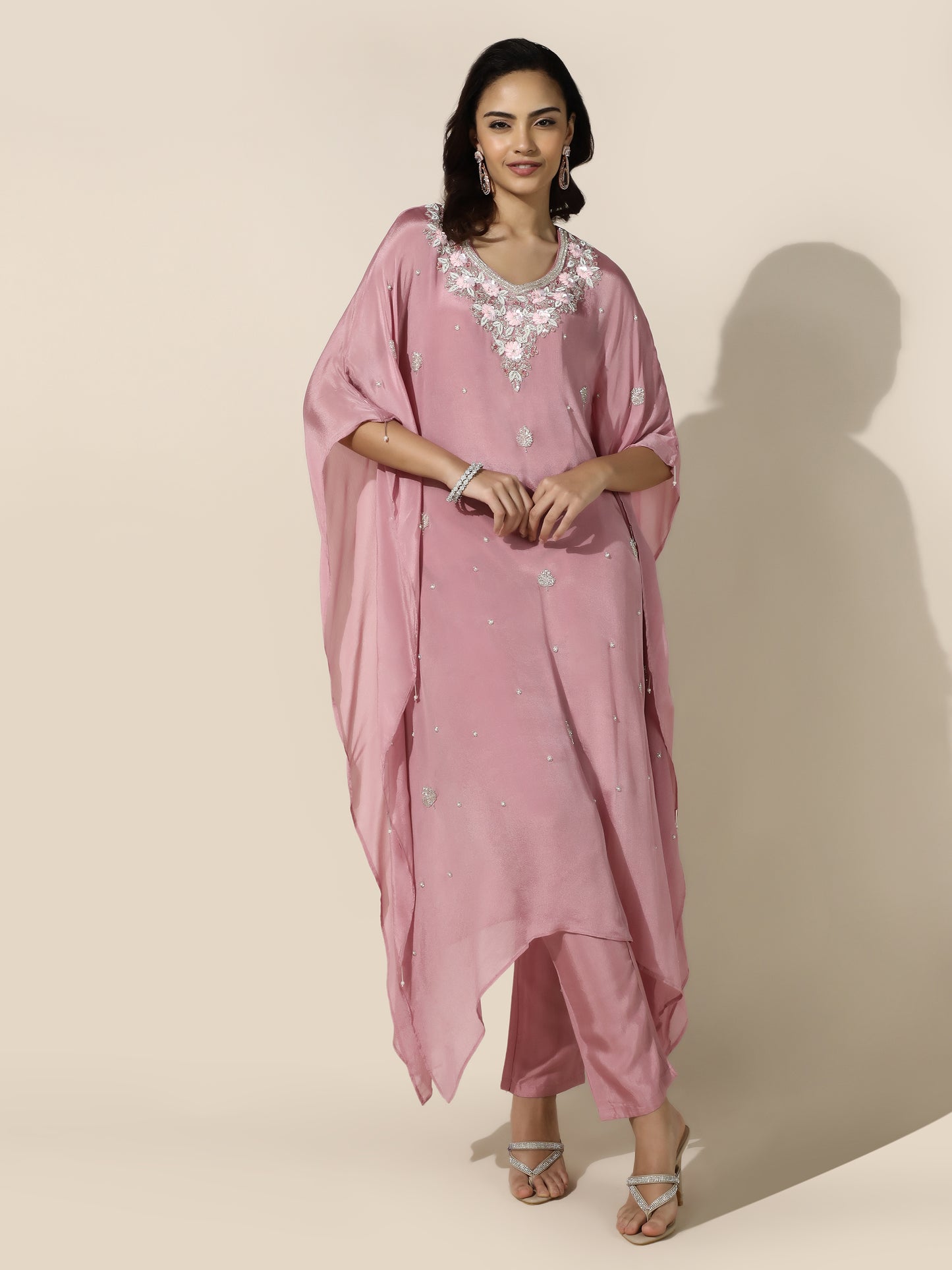 Rose Pink Floral Kaftan Set with Straight Bottom