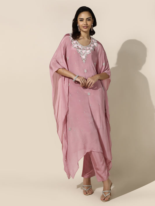 Rose Pink Floral Kaftan Set with Straight Bottom