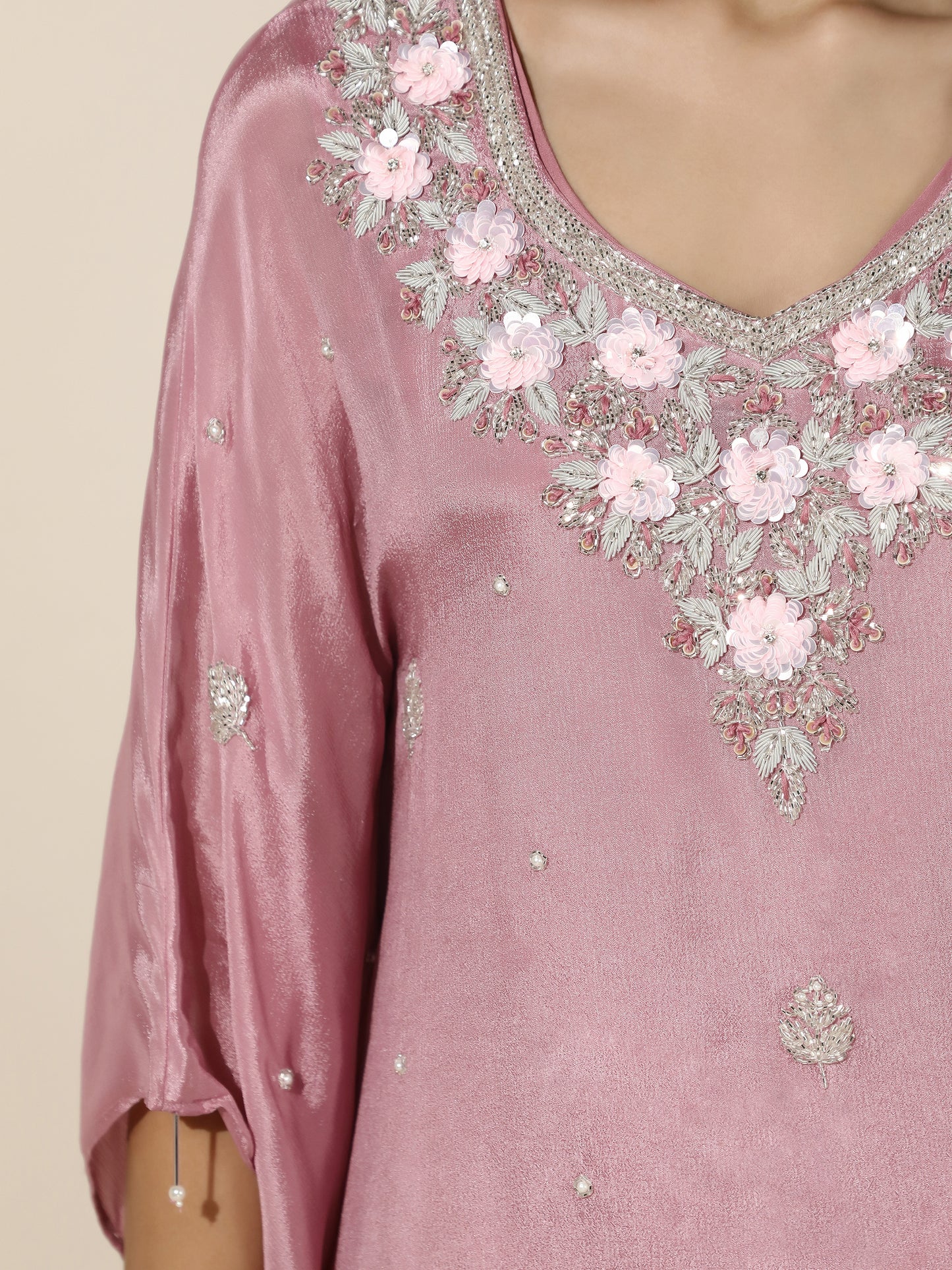 Rose Pink Floral Kaftan Set with Straight Bottom
