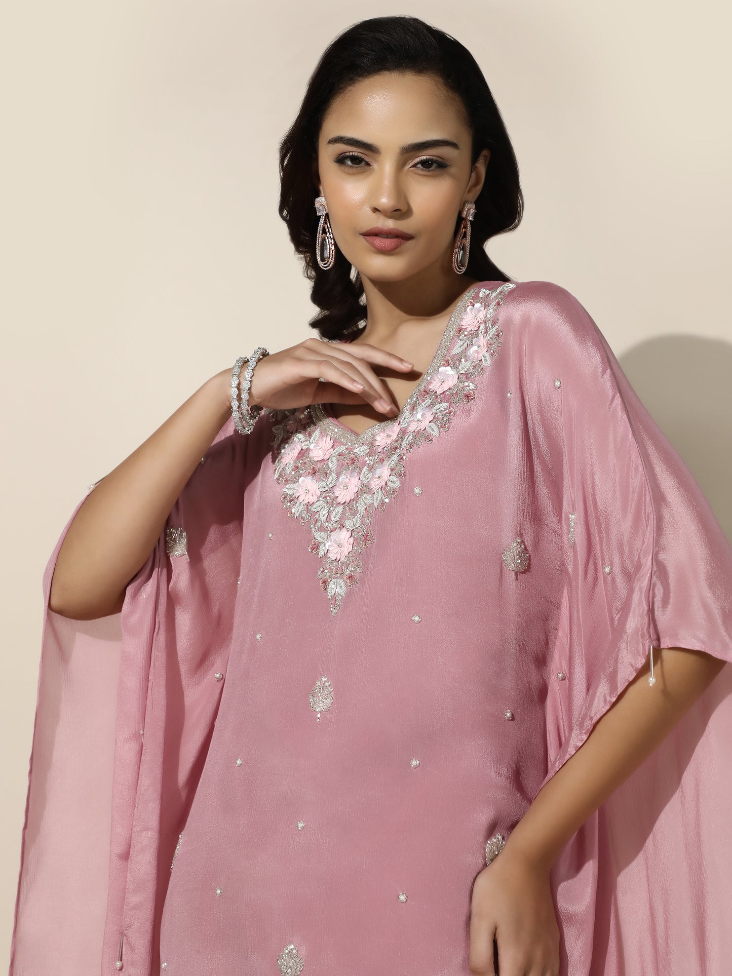 Rose Pink Floral Kaftan Set with Straight Bottom
