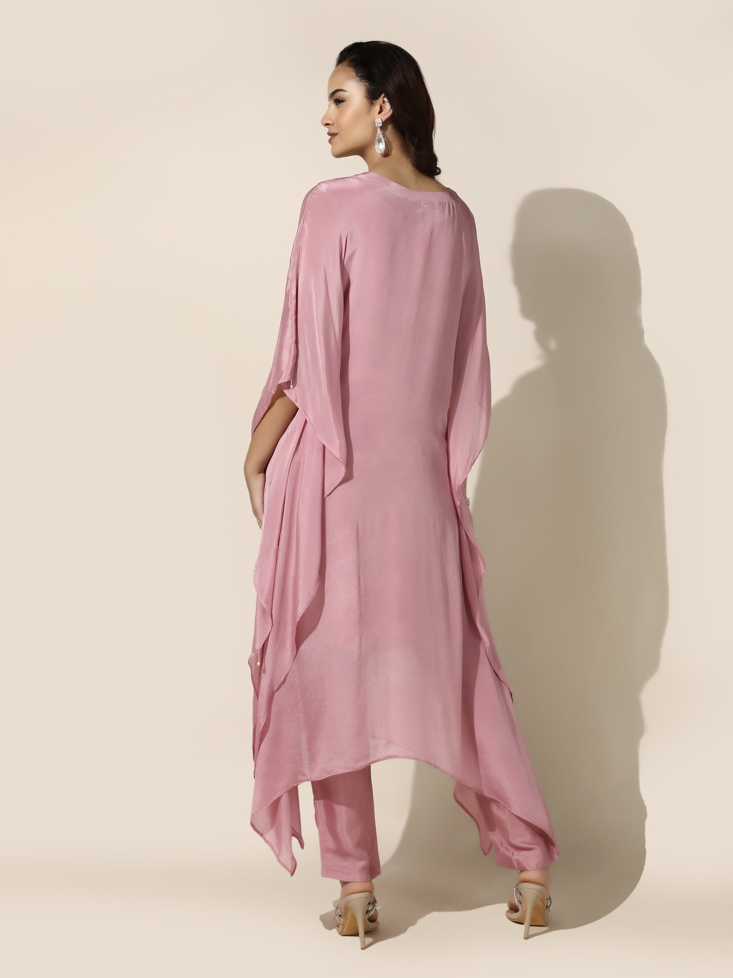 Rose Pink Floral Kaftan Set with Straight Bottom