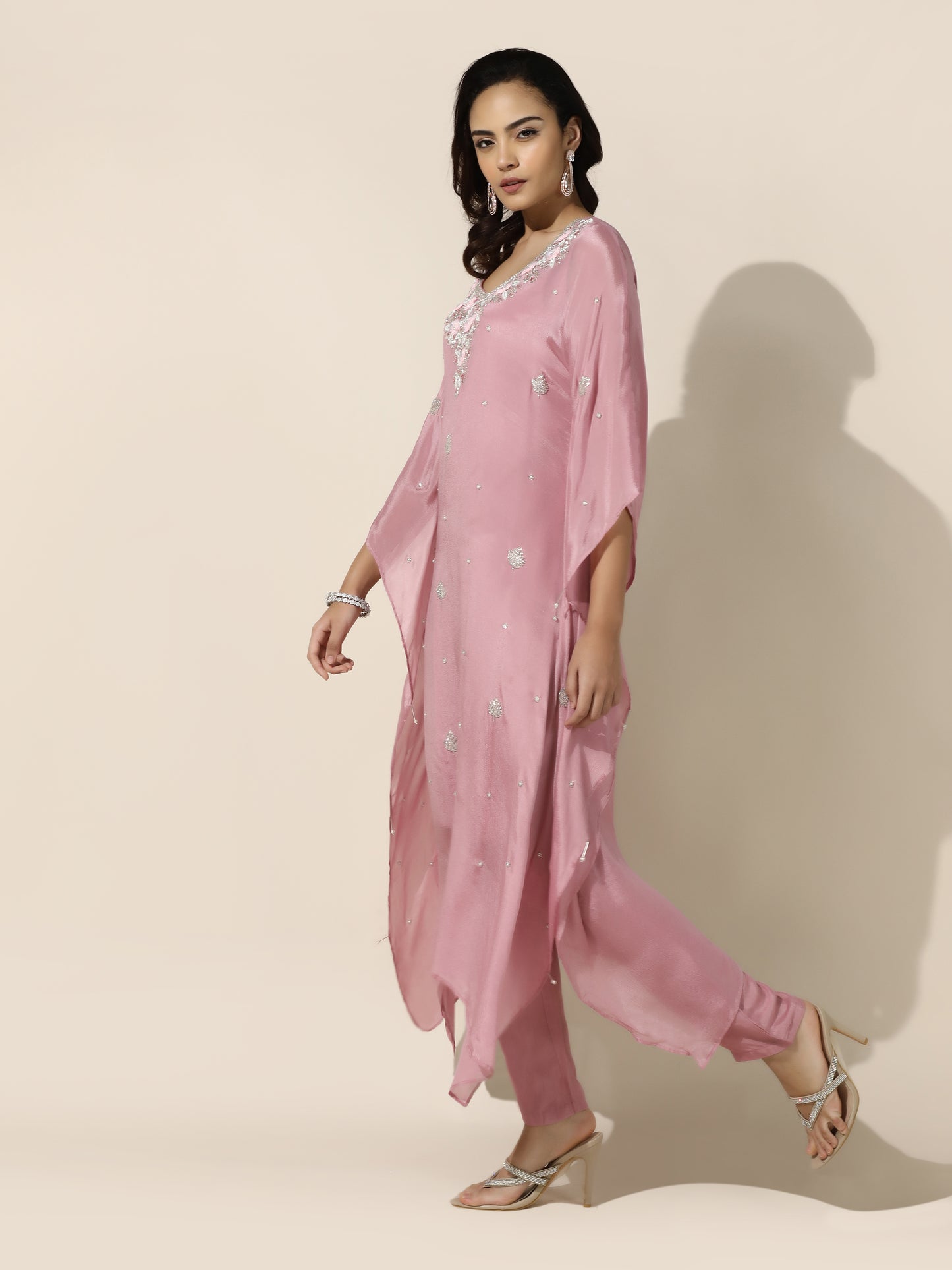 Rose Pink Floral Kaftan Set with Straight Bottom