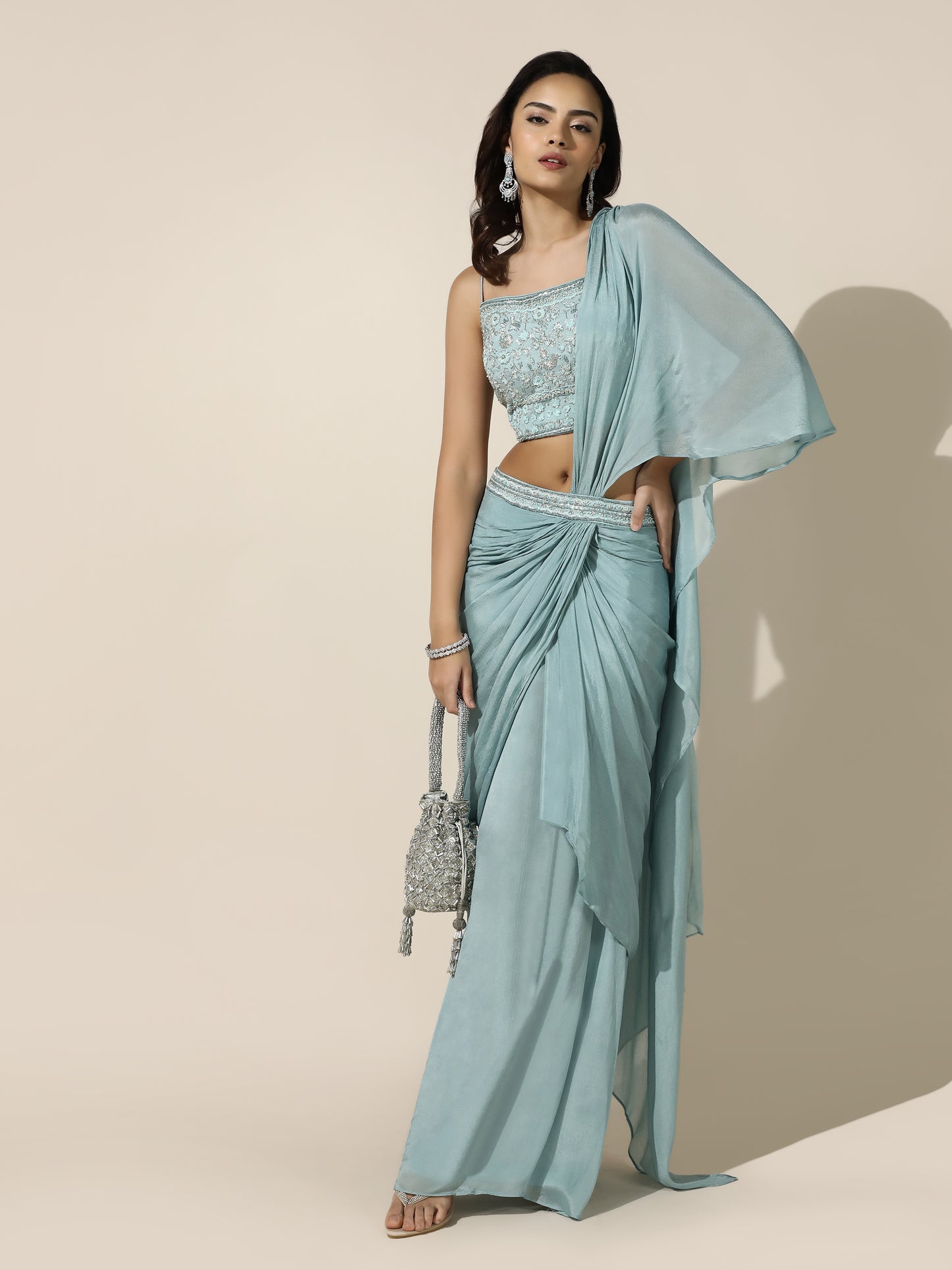 Sky Blue Chiffon Saree with Floral Embroidery - PreDraped