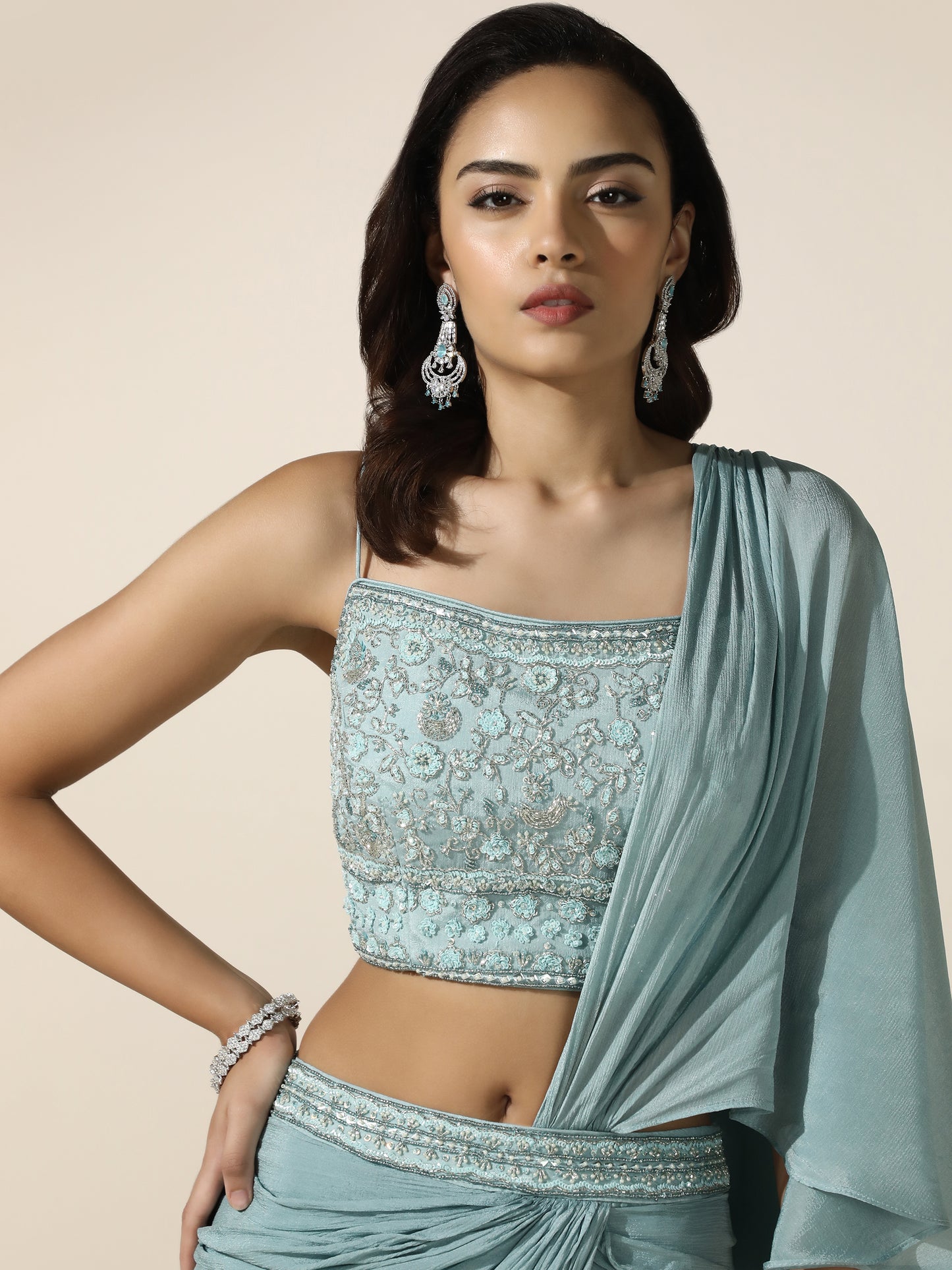 Sky Blue Chiffon Saree with Floral Embroidery - PreDraped