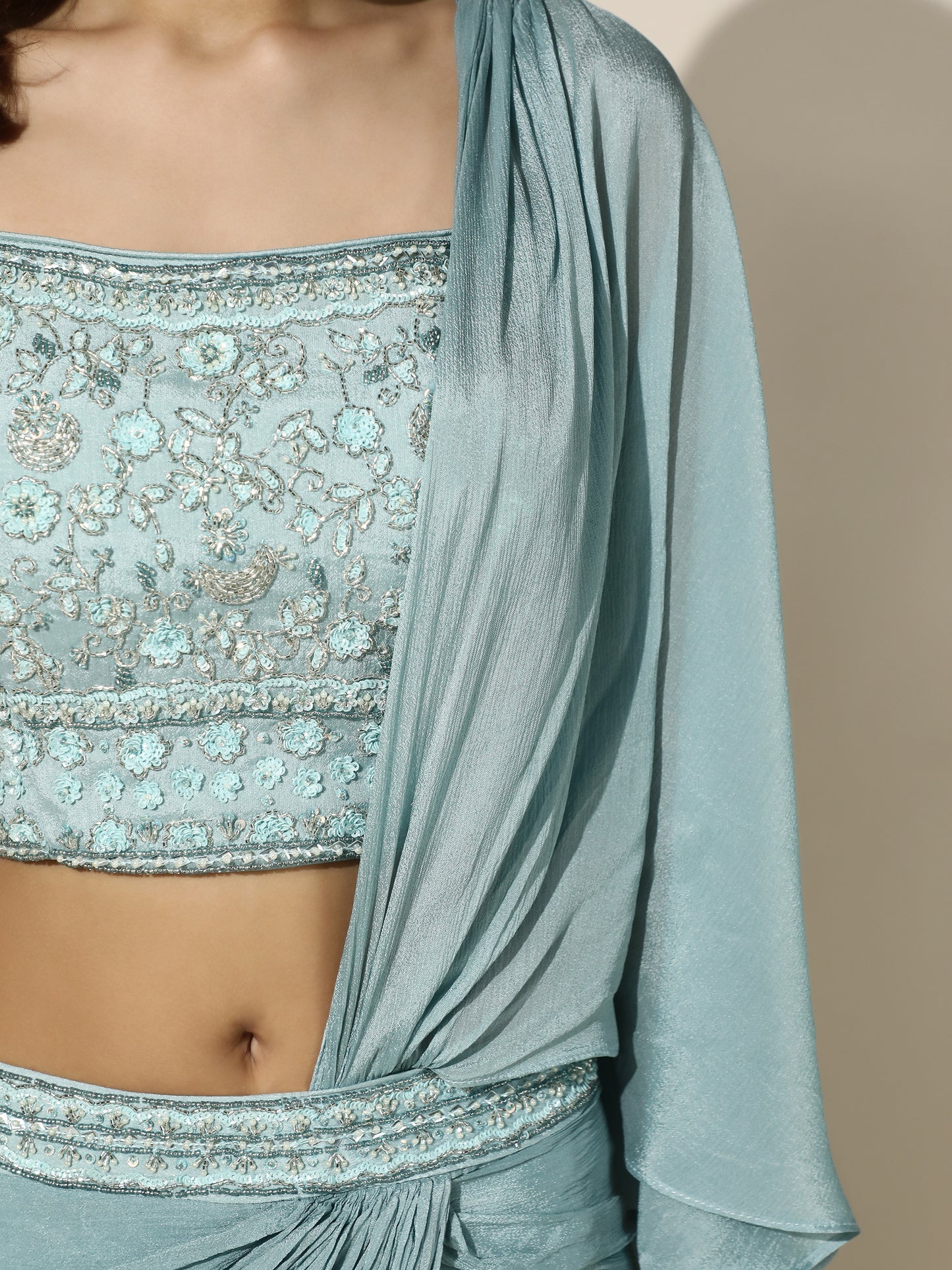 Sky Blue Chiffon Saree with Floral Embroidery - PreDraped