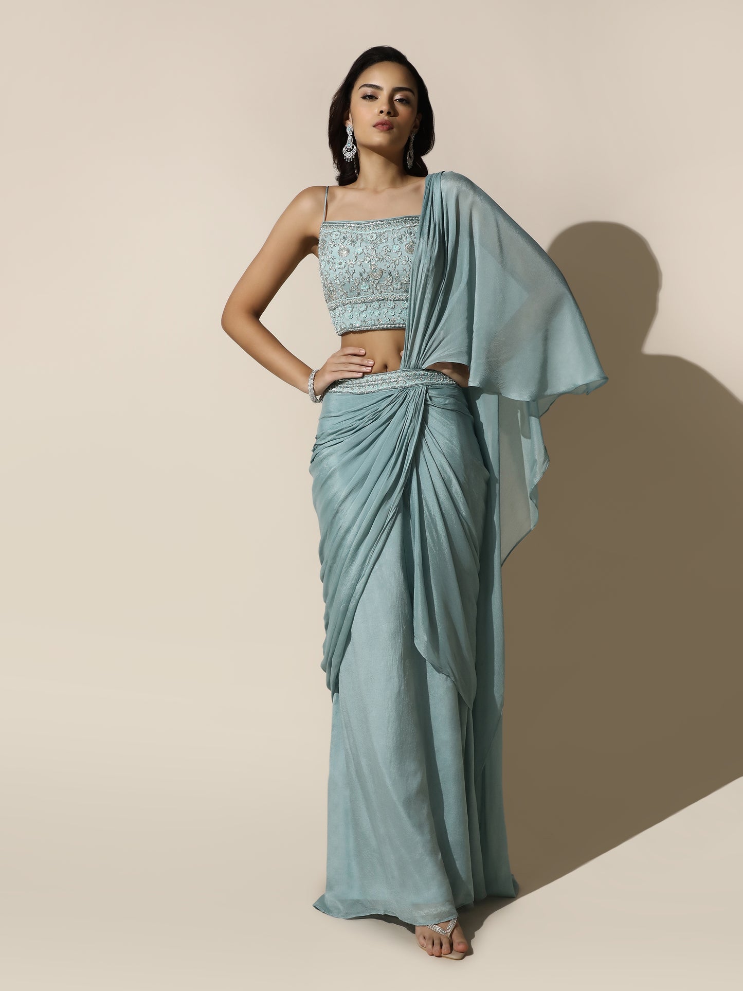 Sky Blue Chiffon Saree with Floral Embroidery - PreDraped