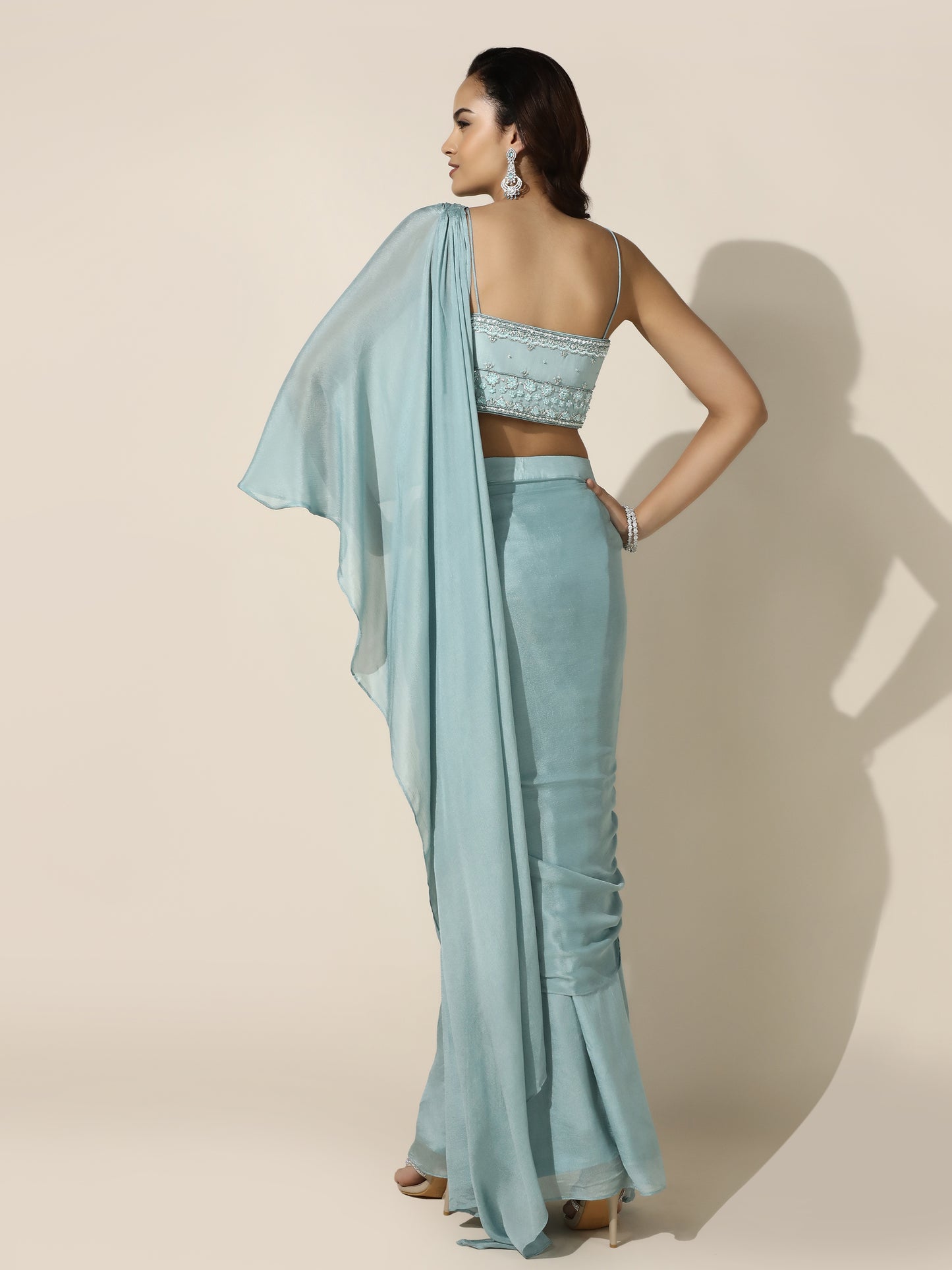 Sky Blue Chiffon Saree with Floral Embroidery - PreDraped