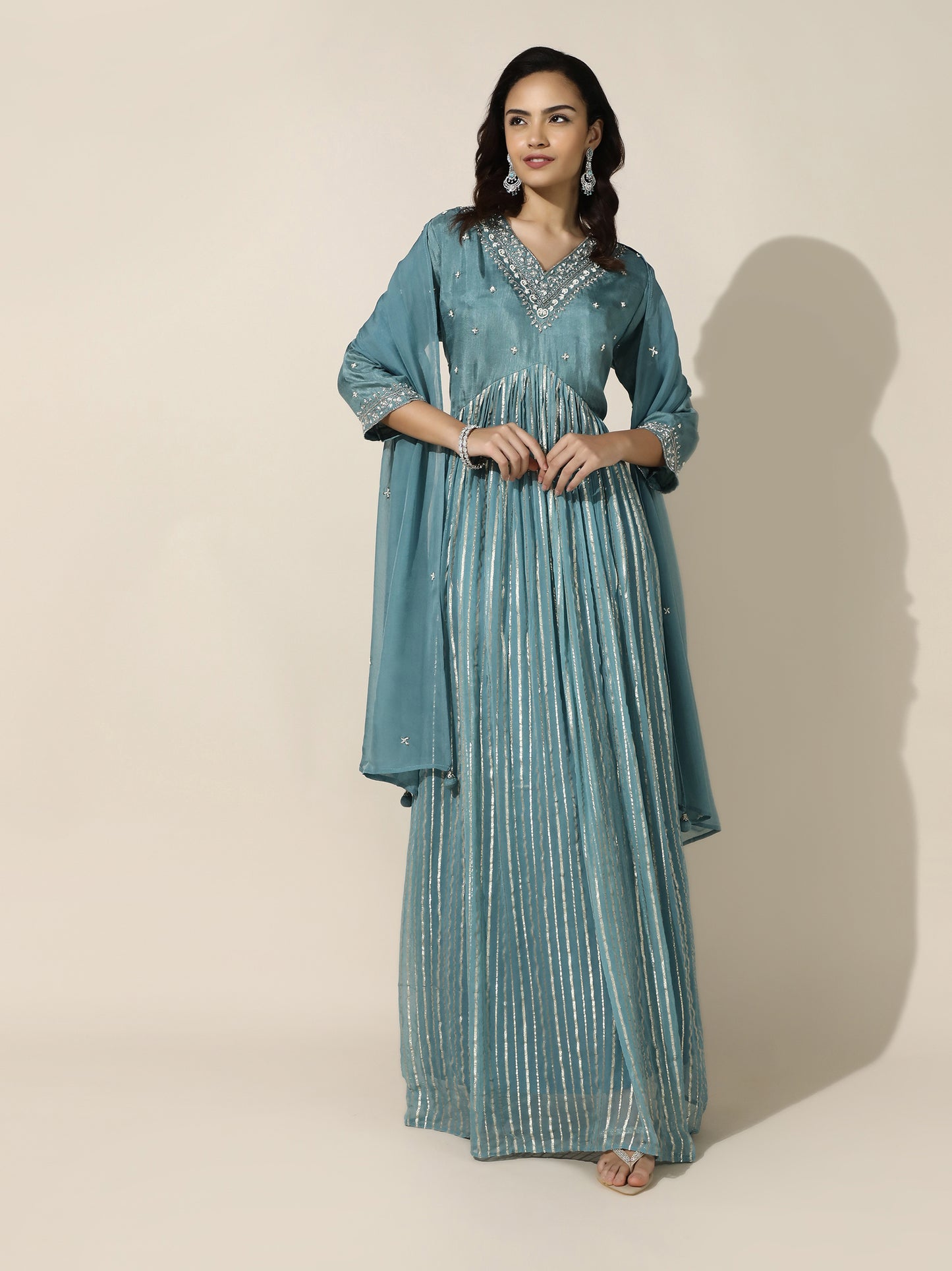 Sea Blue Anarkali Dress with Sheer Dupatta