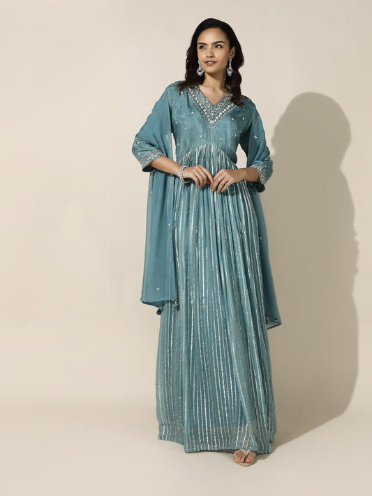 Sea Blue Anarkali Dress with Sheer Dupatta