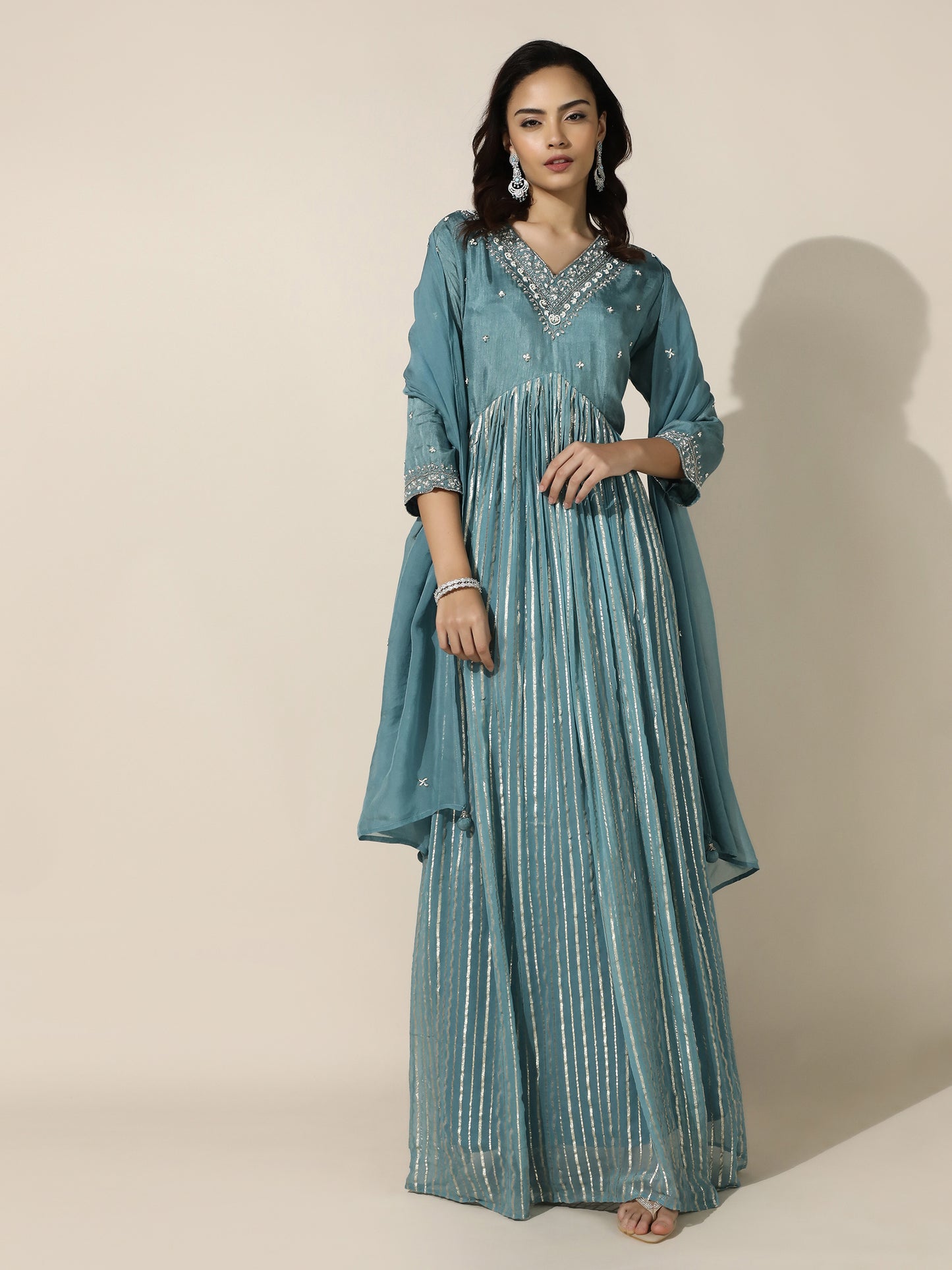 Sea Blue Anarkali Dress with Sheer Dupatta