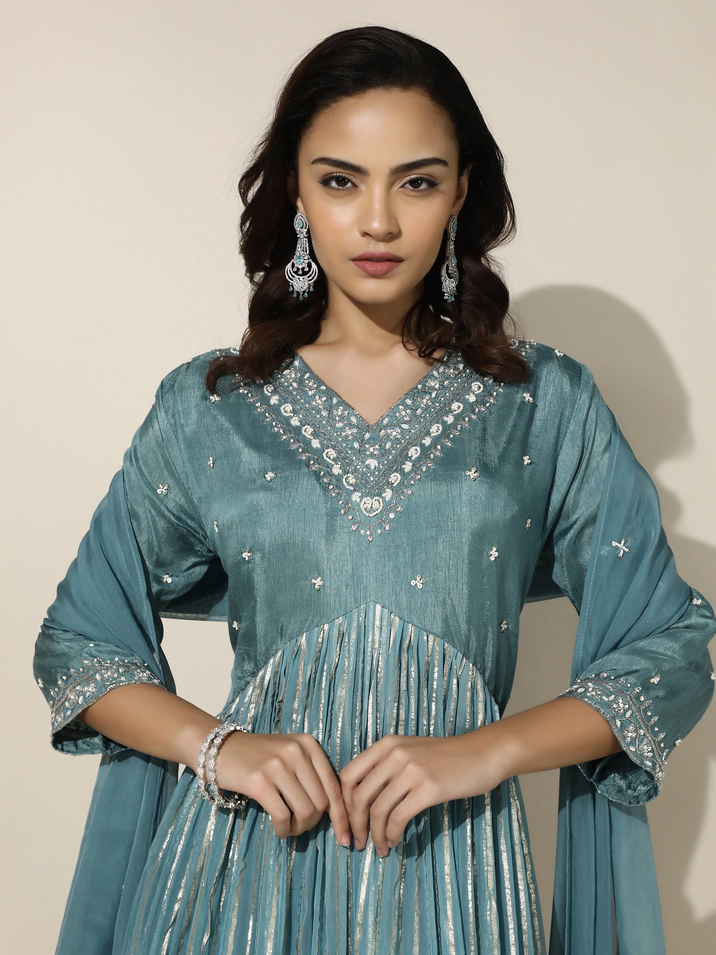 Sea Blue Anarkali Dress with Sheer Dupatta