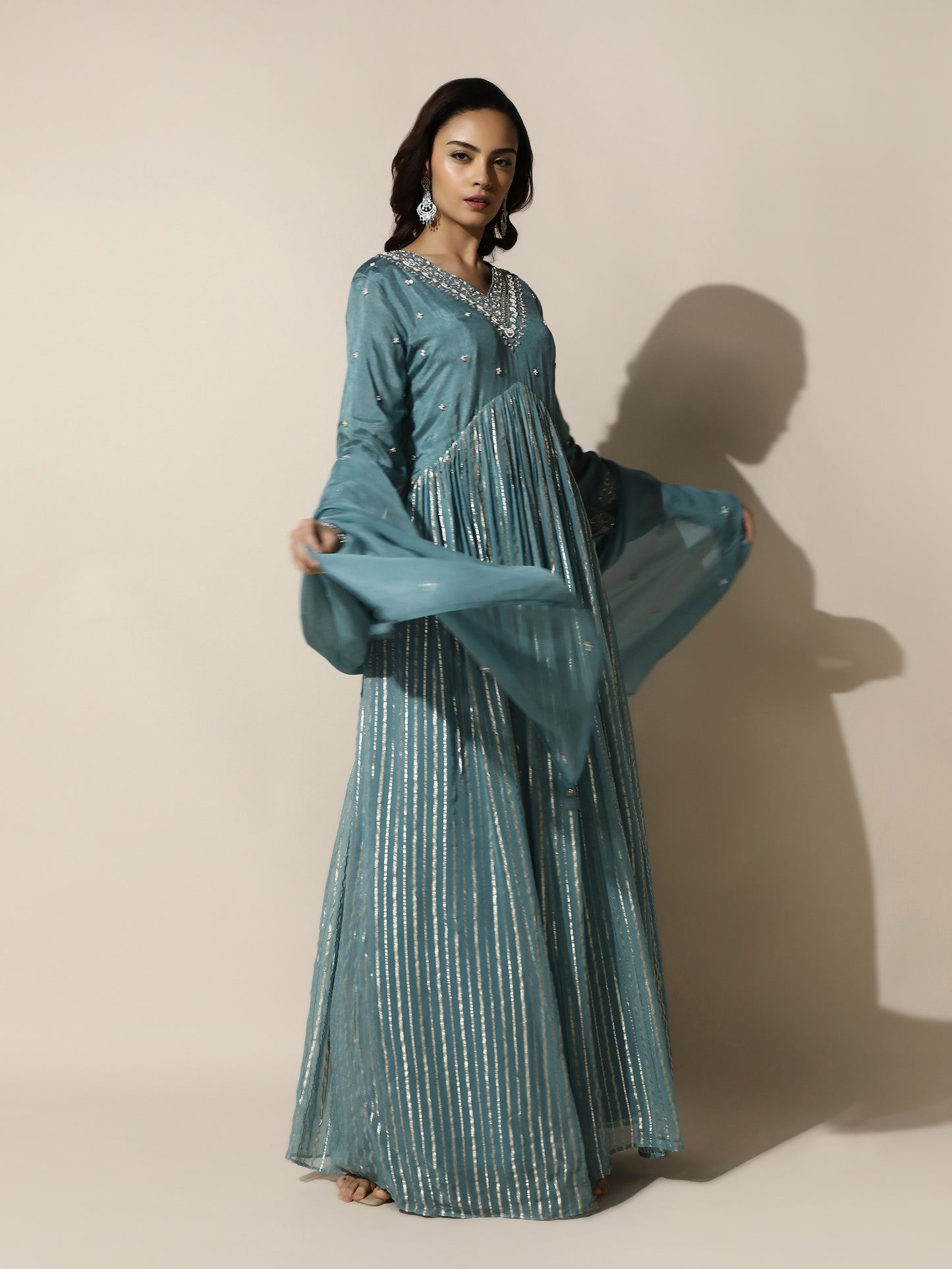 Sea Blue Anarkali Dress with Sheer Dupatta