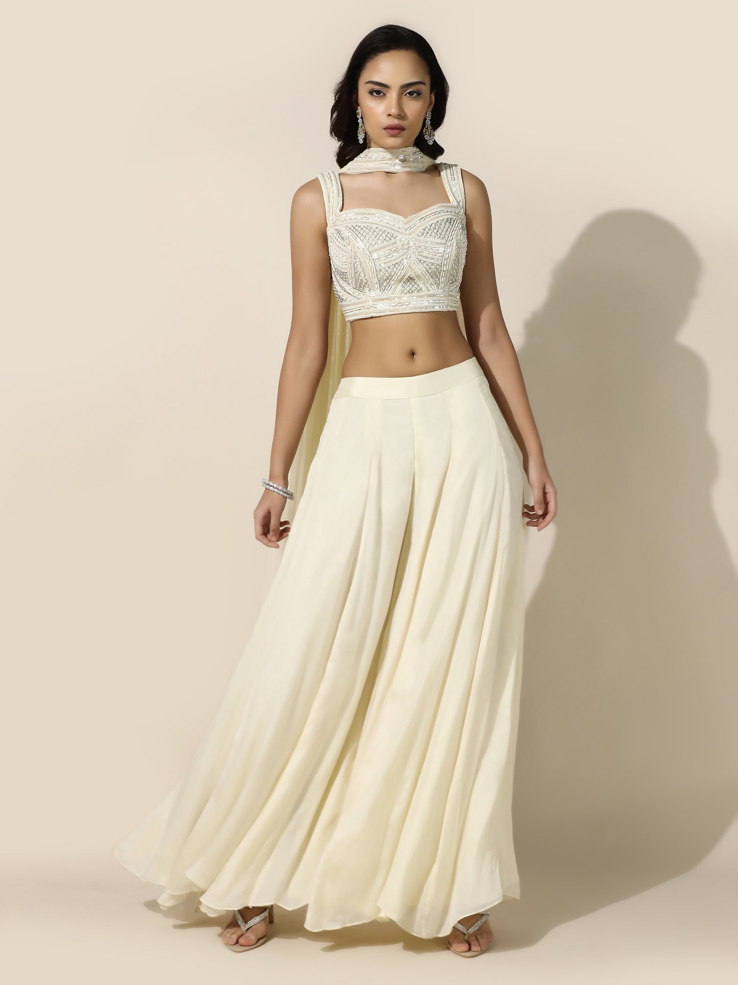 Ivory Pearl Work Cord-Set with Flared Pant and Choker Dupatta