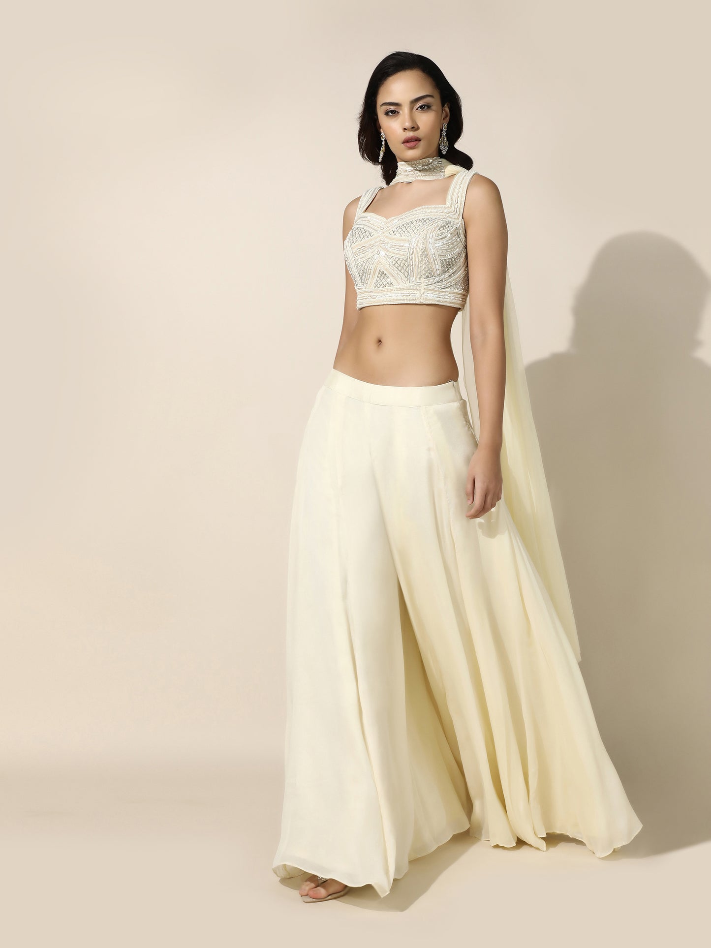 Ivory Pearl Work Cord-Set with Flared Pant and Choker Dupatta