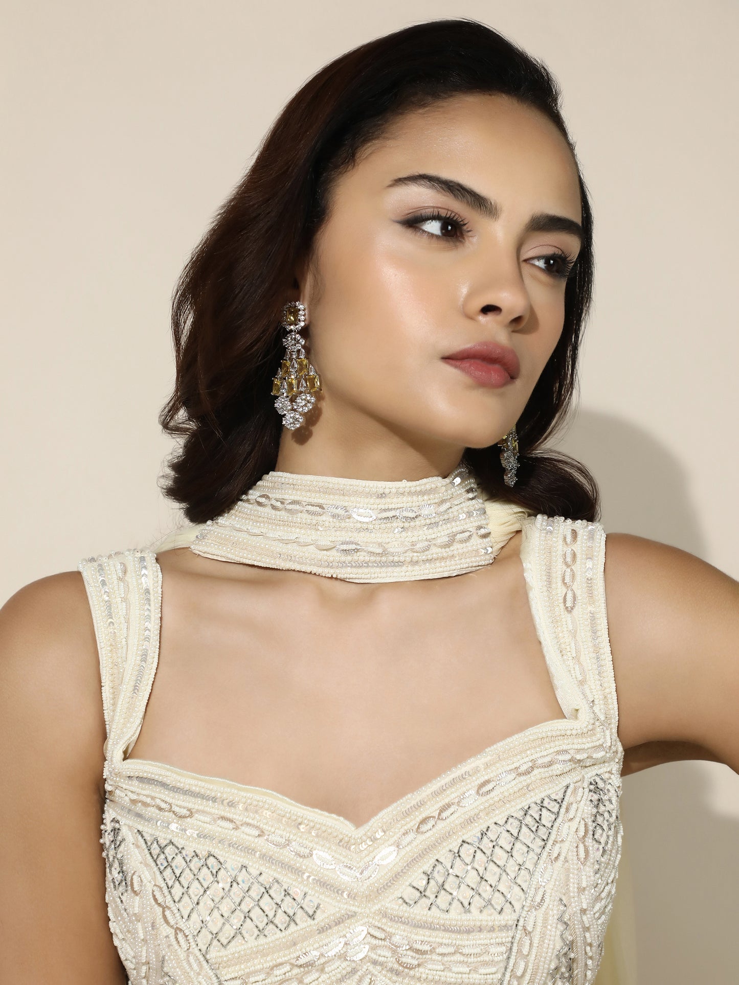 Ivory Pearl Work Cord-Set with Flared Pant and Choker Dupatta